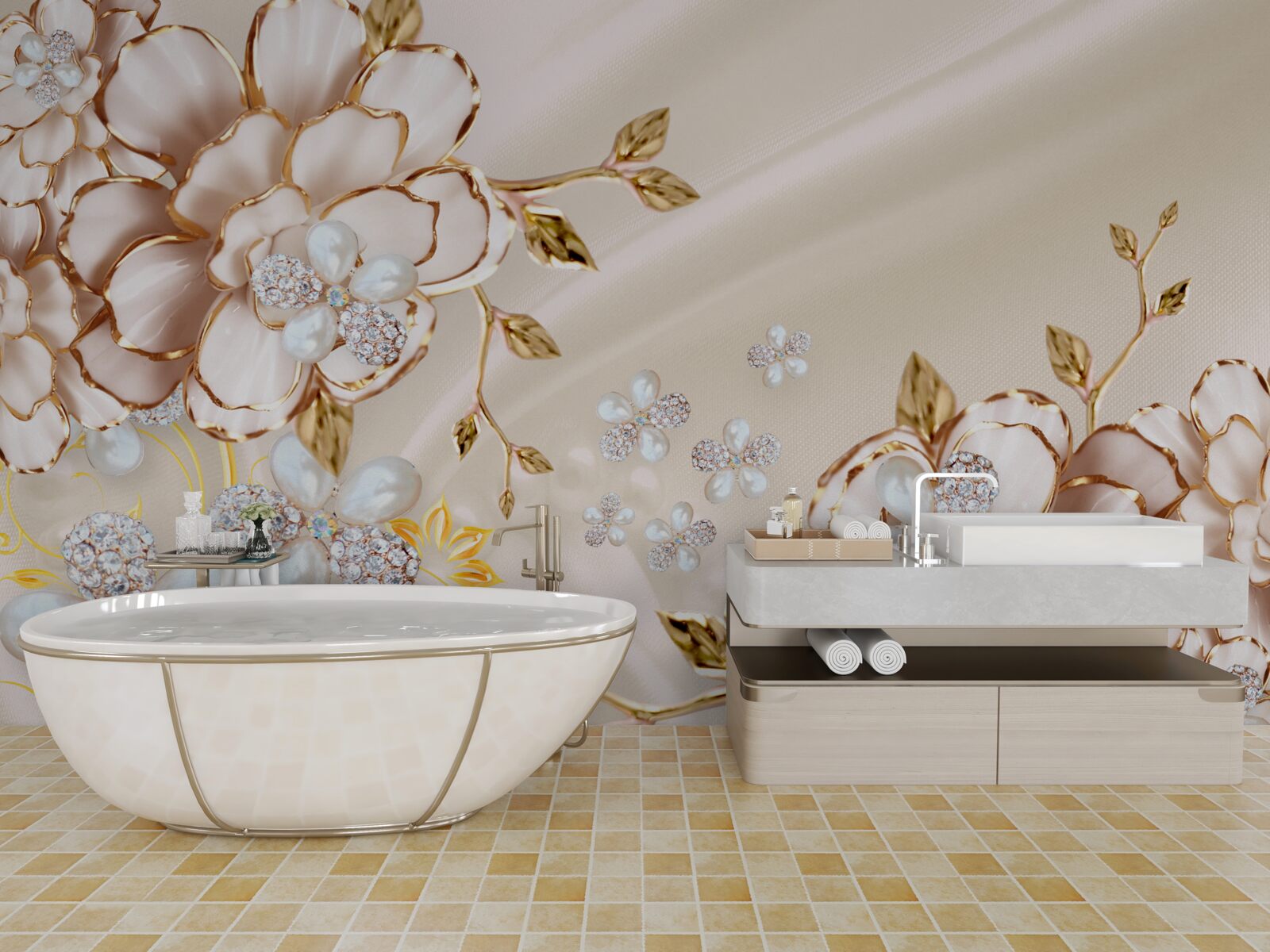 Fototapeta kvety so zlatými diamantovými trblietkami