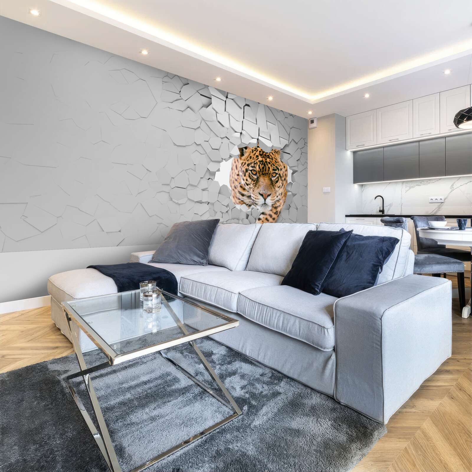 Fototapeta leopard prerazí kamennú bariéru