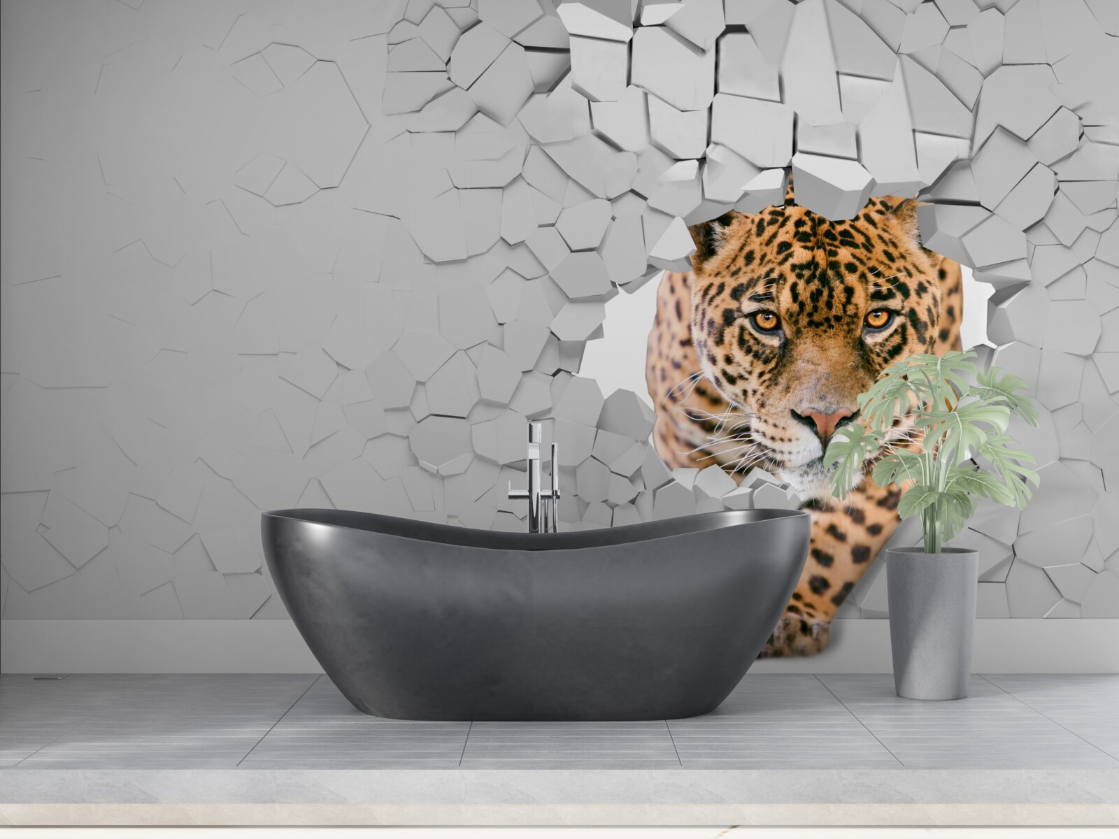 Fototapeta leopard prerazí kamennú bariéru