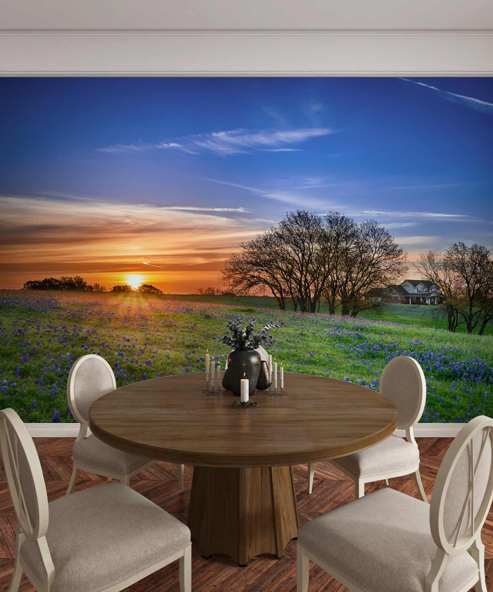 Fototapeta slnko zapadá nad poľom obsypaným kvetmi