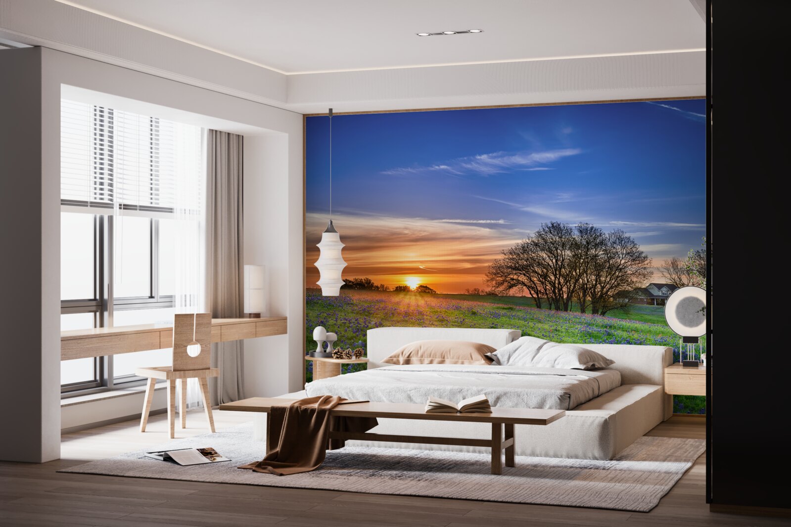 Fototapeta slnko zapadá nad poľom obsypaným kvetmi