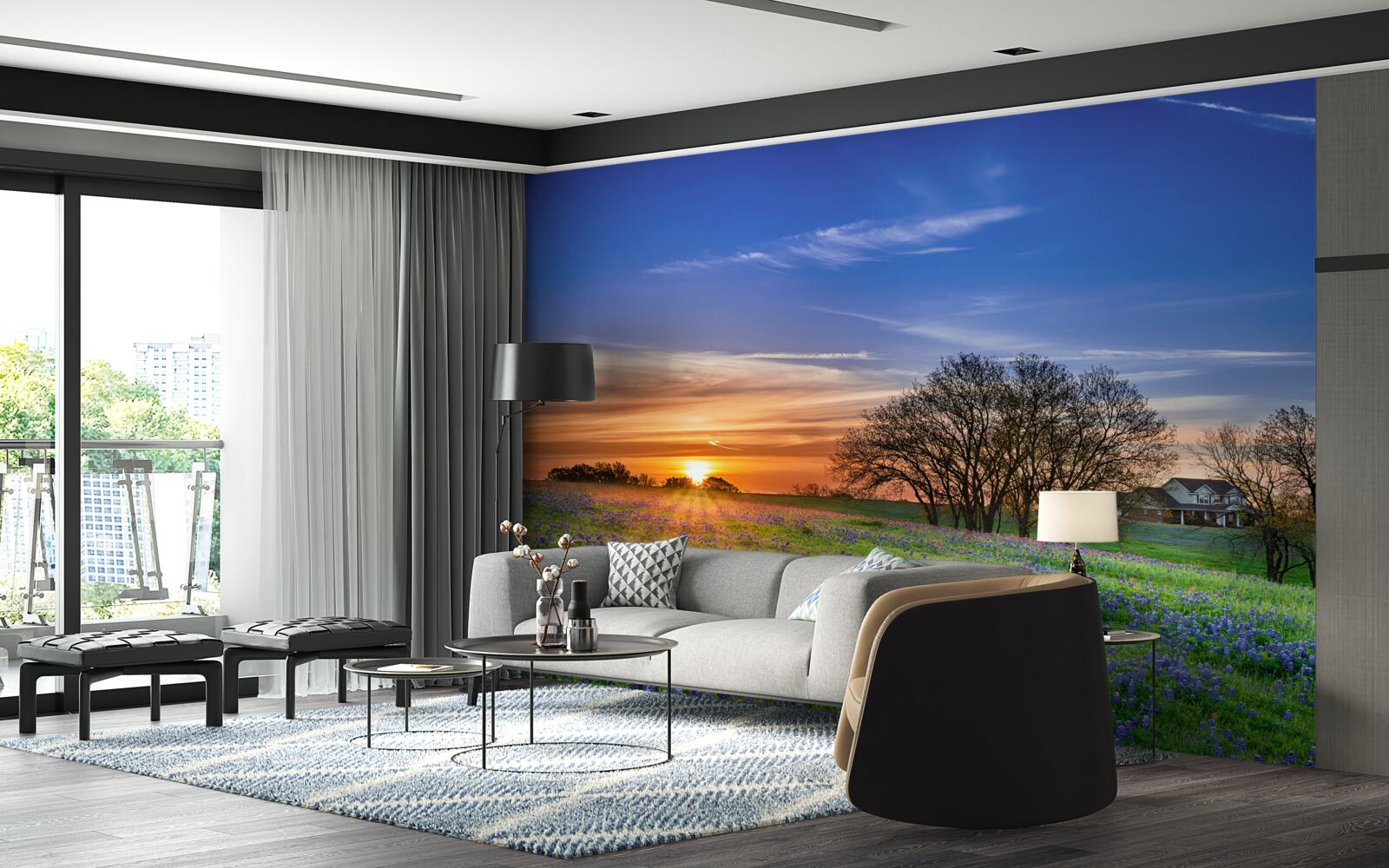 Fototapeta slnko zapadá nad poľom obsypaným kvetmi