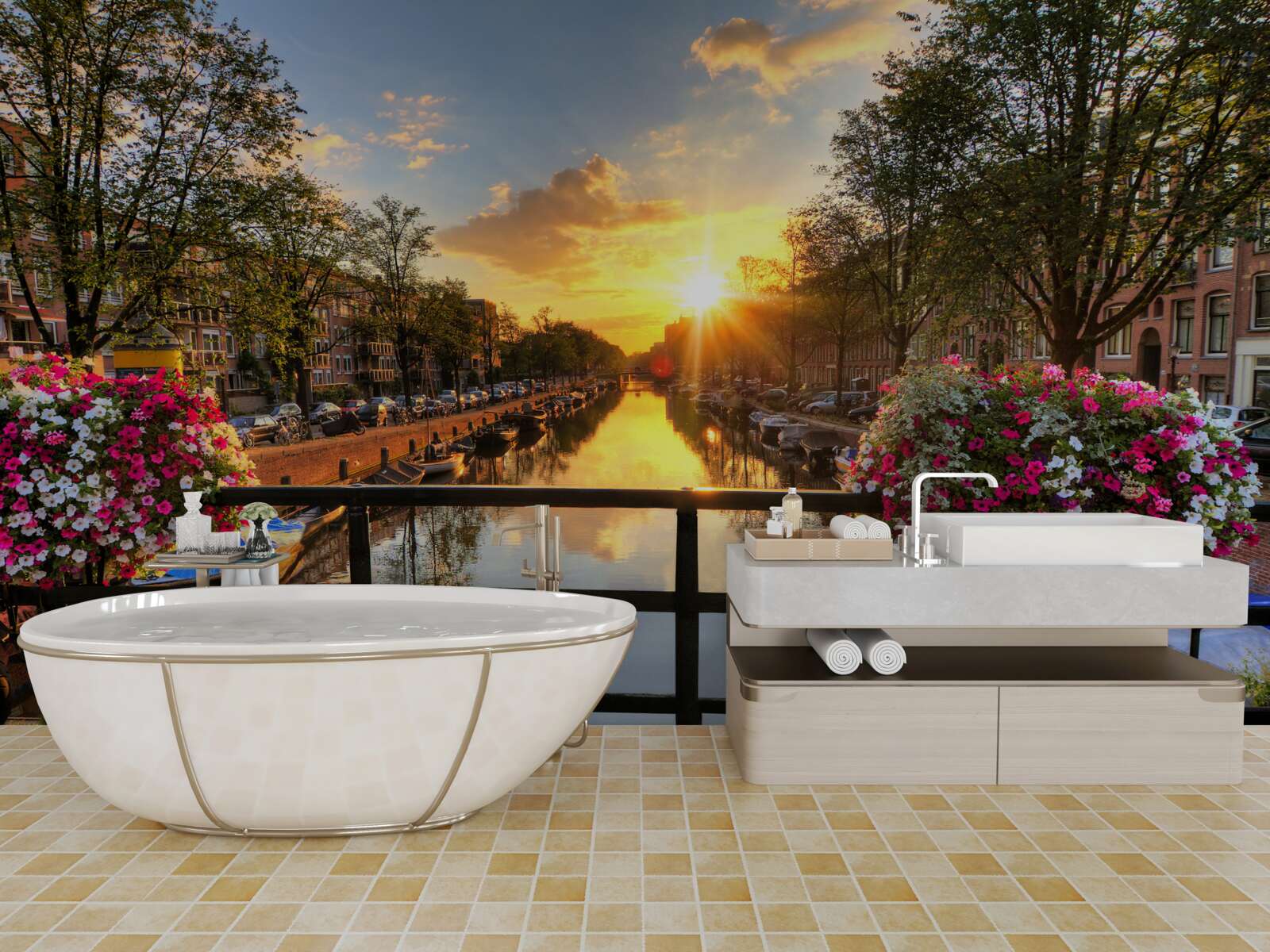 Fototapeta sledovanie západu slnka z mosta v amsterdame