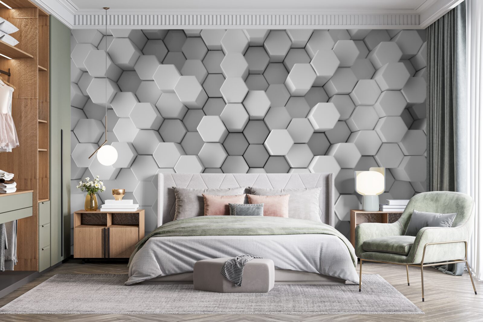 Fototapeta sivé a biele šesťuholníky lisované do tvaru