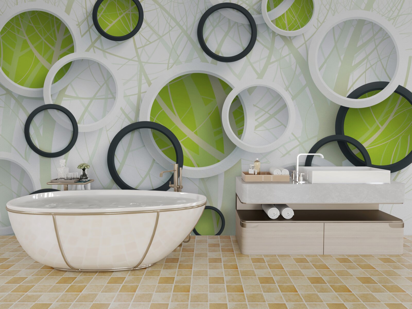 Fototapeta hustý zarastený les a 3D kruhy