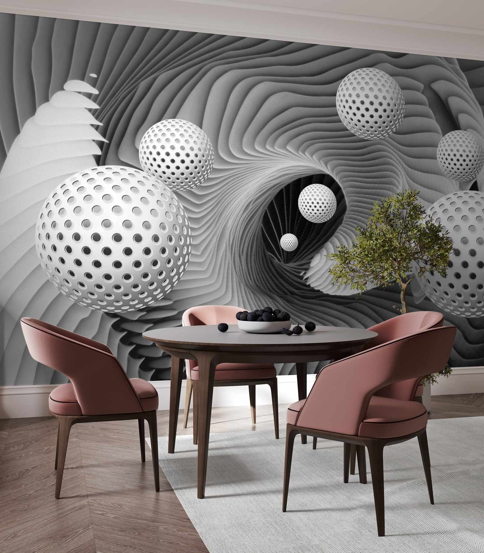 Fototapeta perspektíva loptičiek a tunelového víru v čiernej a bielej