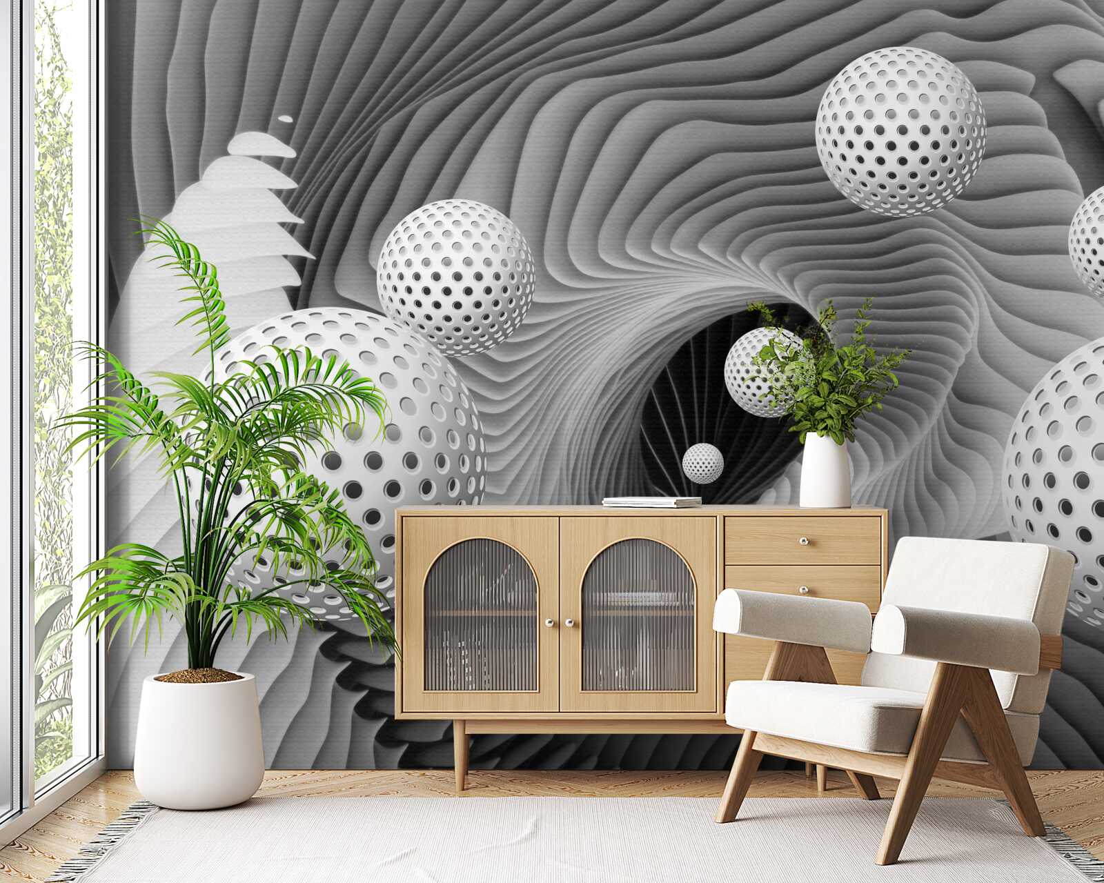 Fototapeta perspektíva loptičiek a tunelového víru v čiernej a bielej