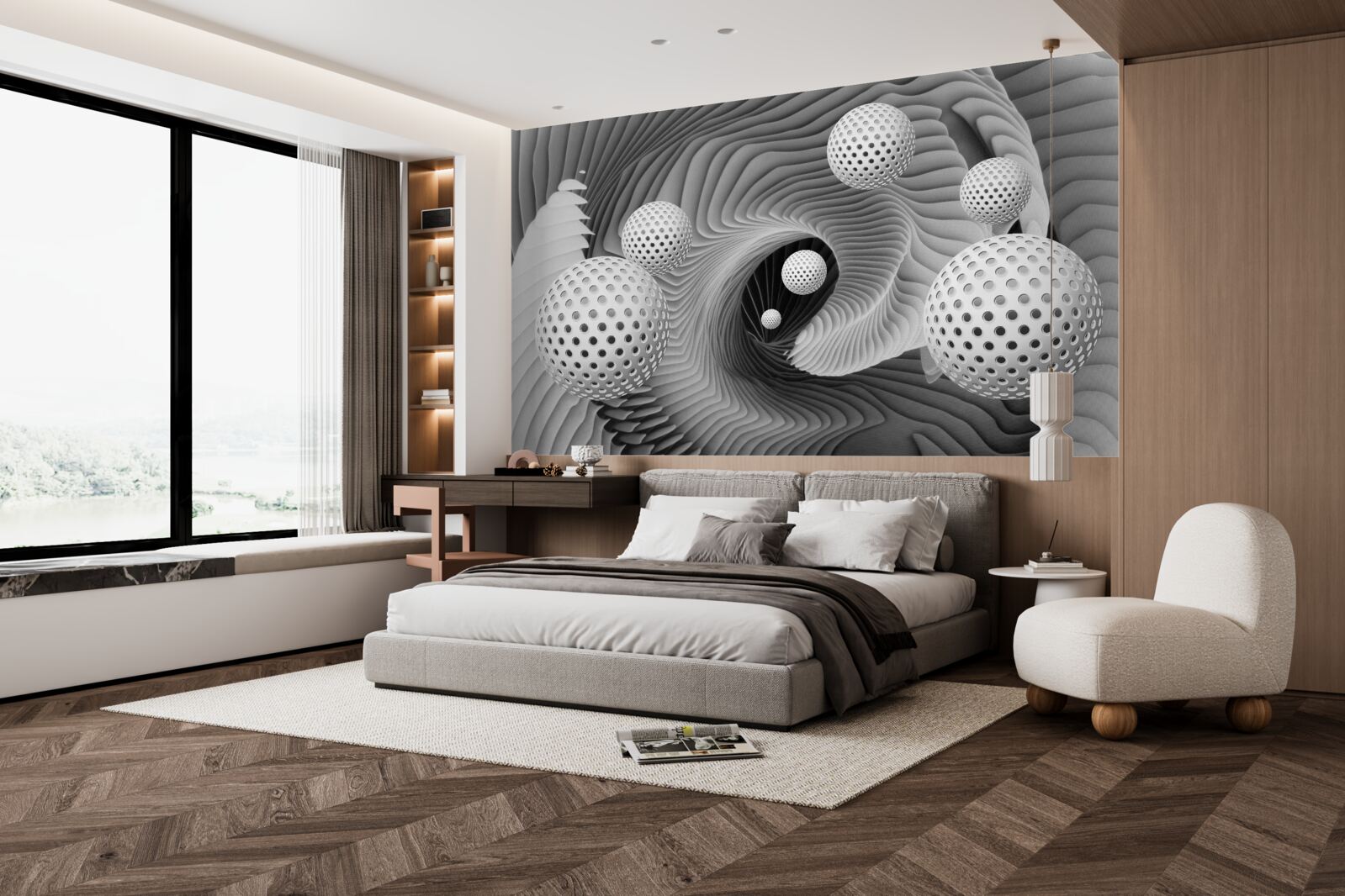 Fototapeta perspektíva loptičiek a tunelového víru v čiernej a bielej