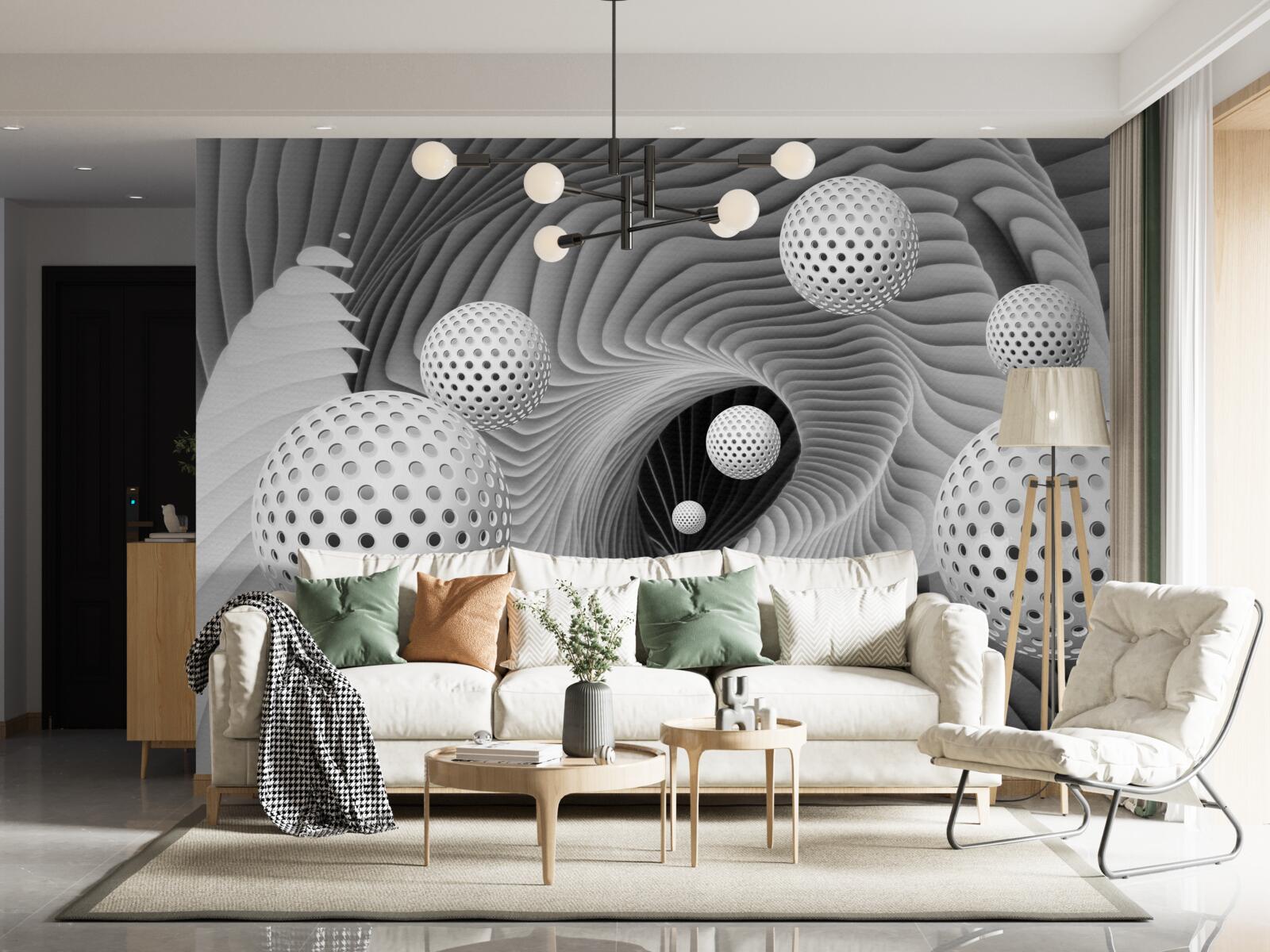 Fototapeta perspektíva loptičiek a tunelového víru v čiernej a bielej