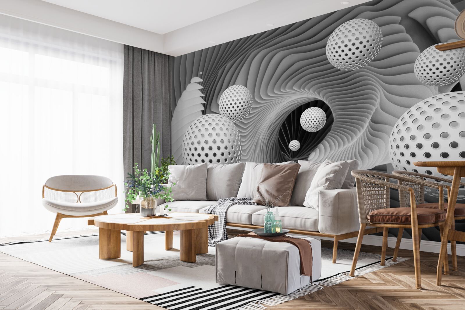 Fototapeta perspektíva loptičiek a tunelového víru v čiernej a bielej