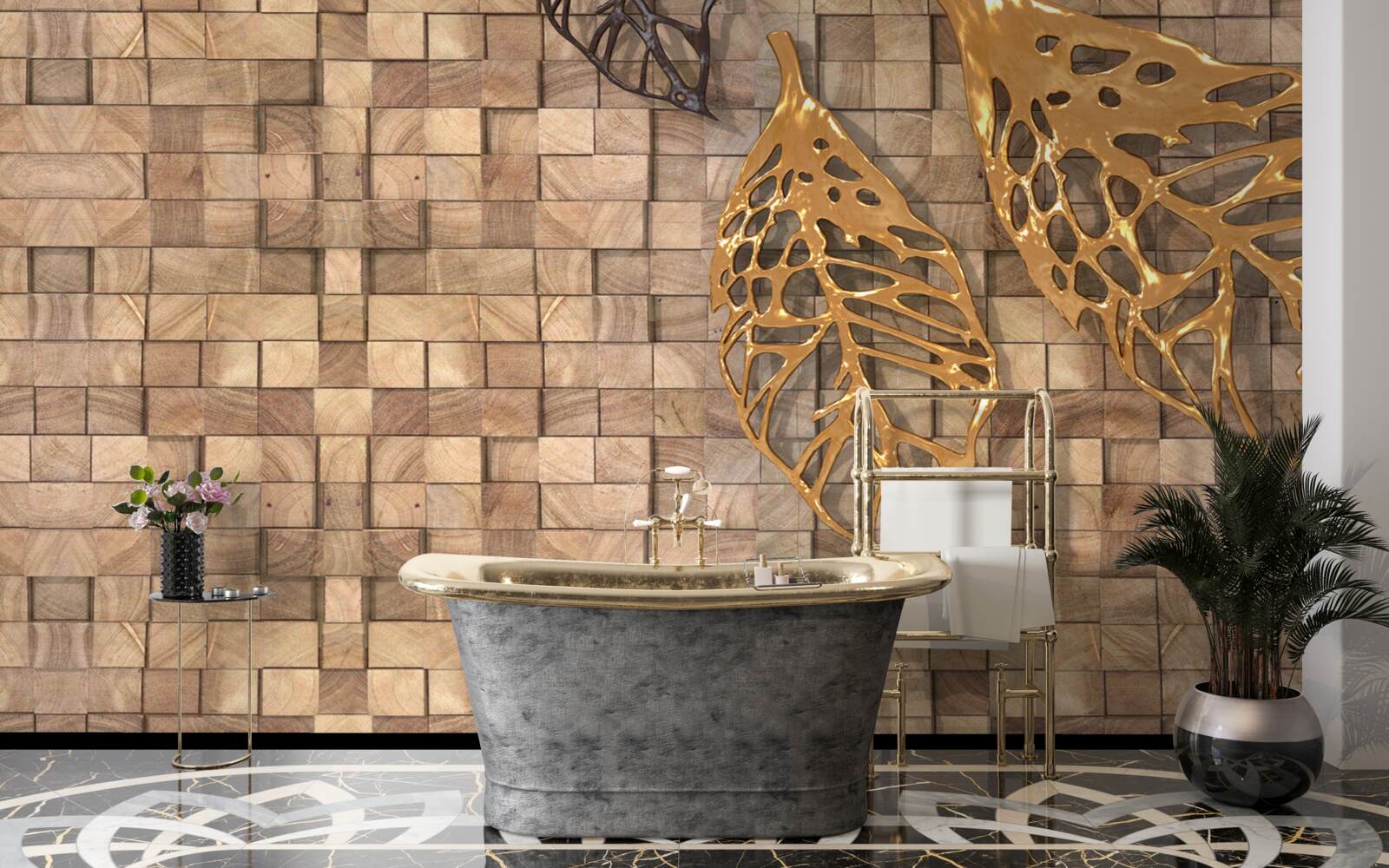 Fototapeta mozaika v odtieňoch hnedej s obrázkom listov