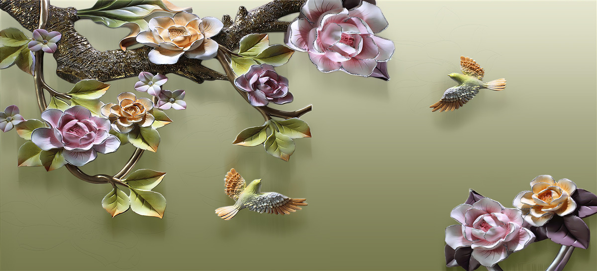 Fototapeta jemné ruže a lastovičky na konároch