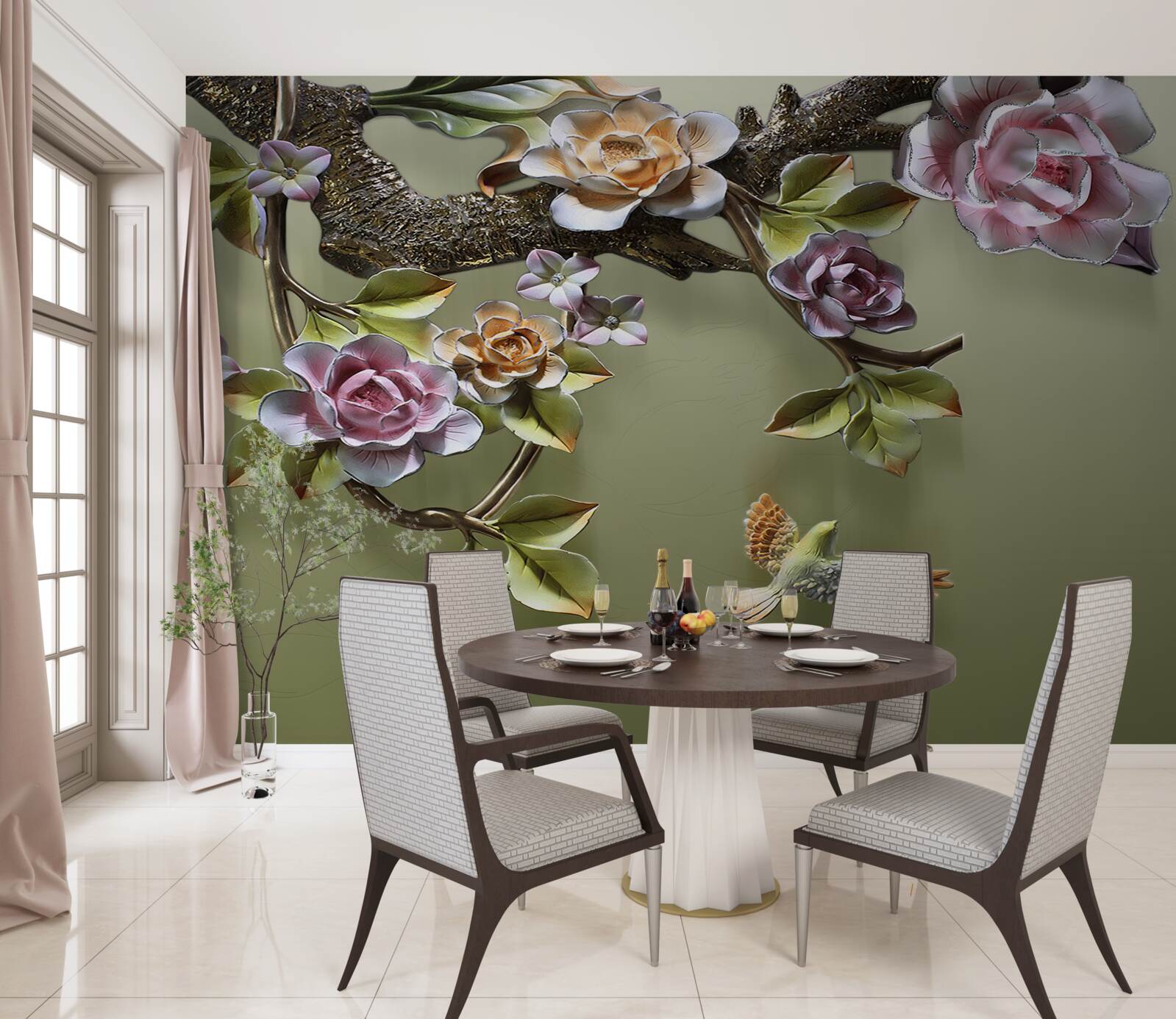 Fototapeta jemné ruže a lastovičky na konároch