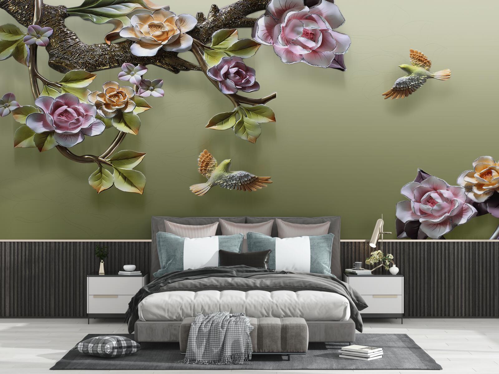 Fototapeta jemné ruže a lastovičky na konároch