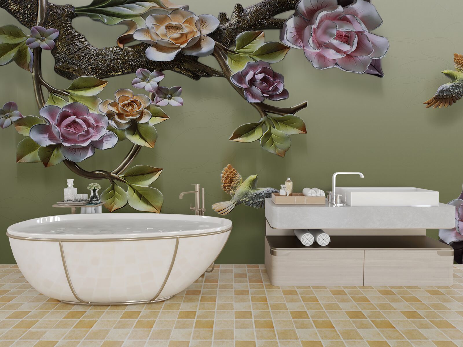 Fototapeta jemné ruže a lastovičky na konároch