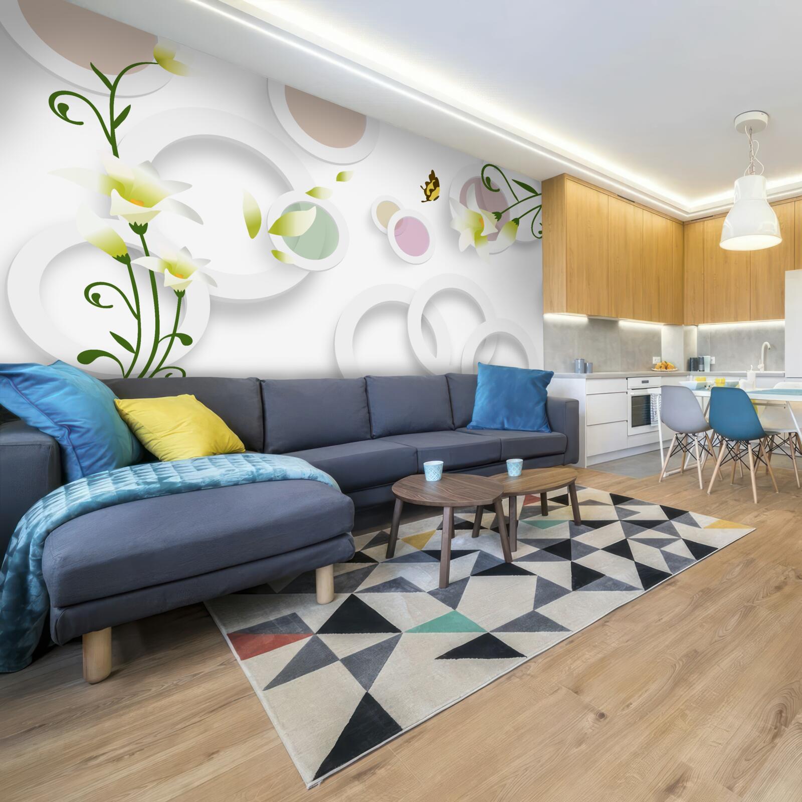 Fototapeta konáre sú zelené so žltými púčikmi a zaoblenými prvkami