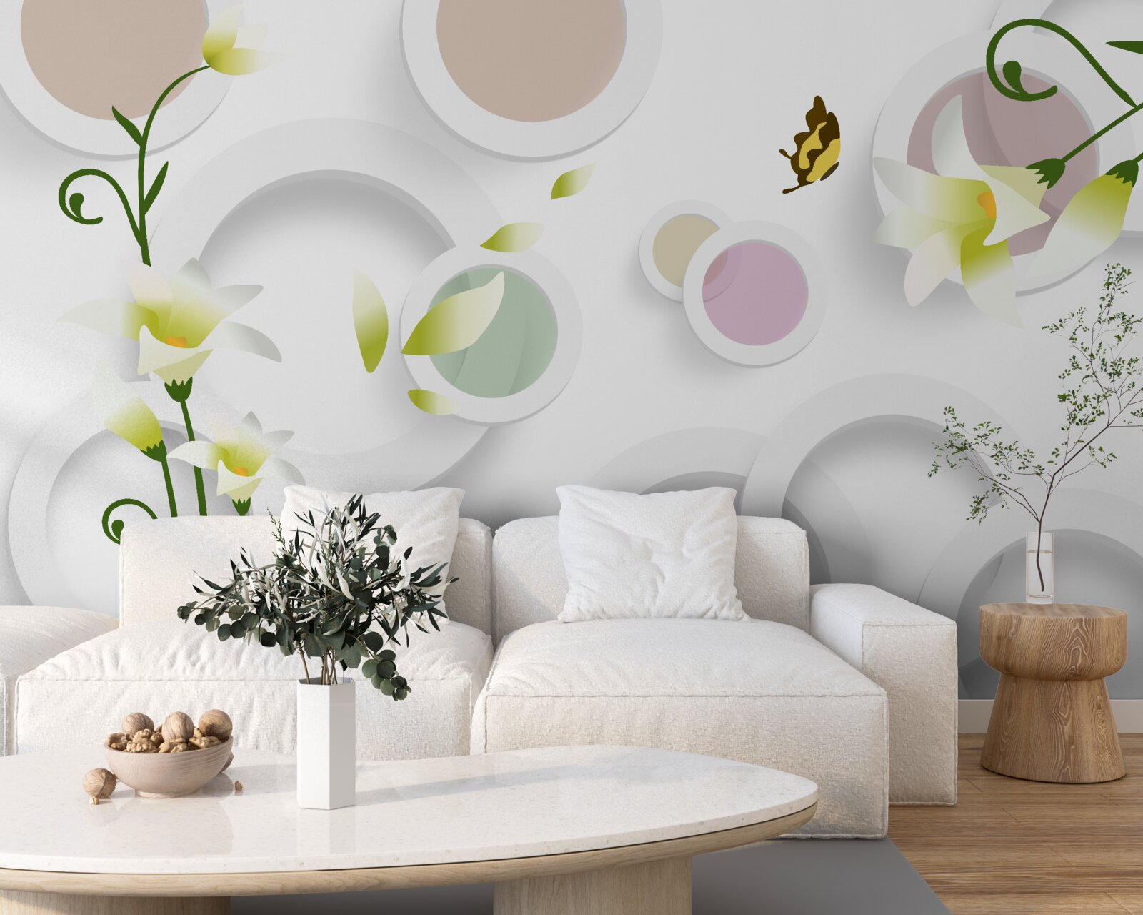 Fototapeta konáre sú zelené so žltými púčikmi a zaoblenými prvkami