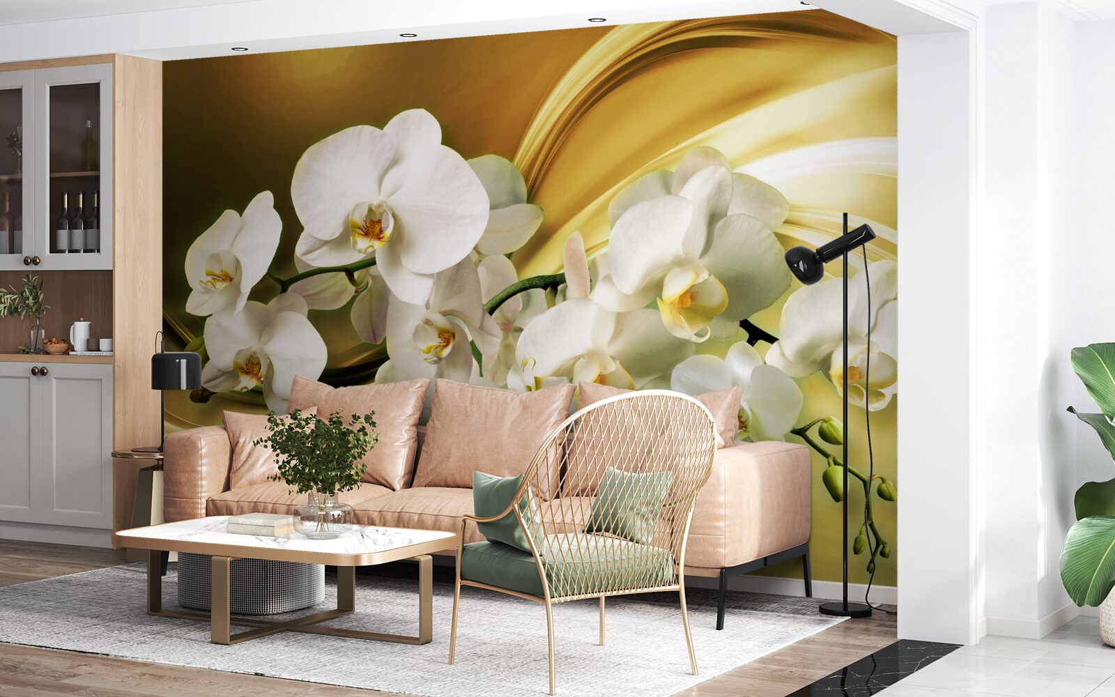 Fototapeta Snehobiele orchidey, luxusne otvorené na hnedej hodvábnej látke