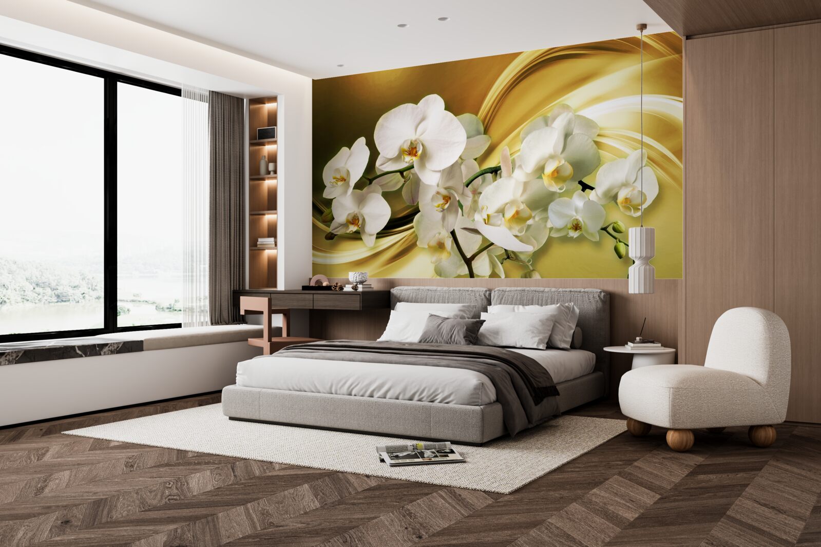 Fototapeta Snehobiele orchidey, luxusne otvorené na hnedej hodvábnej látke