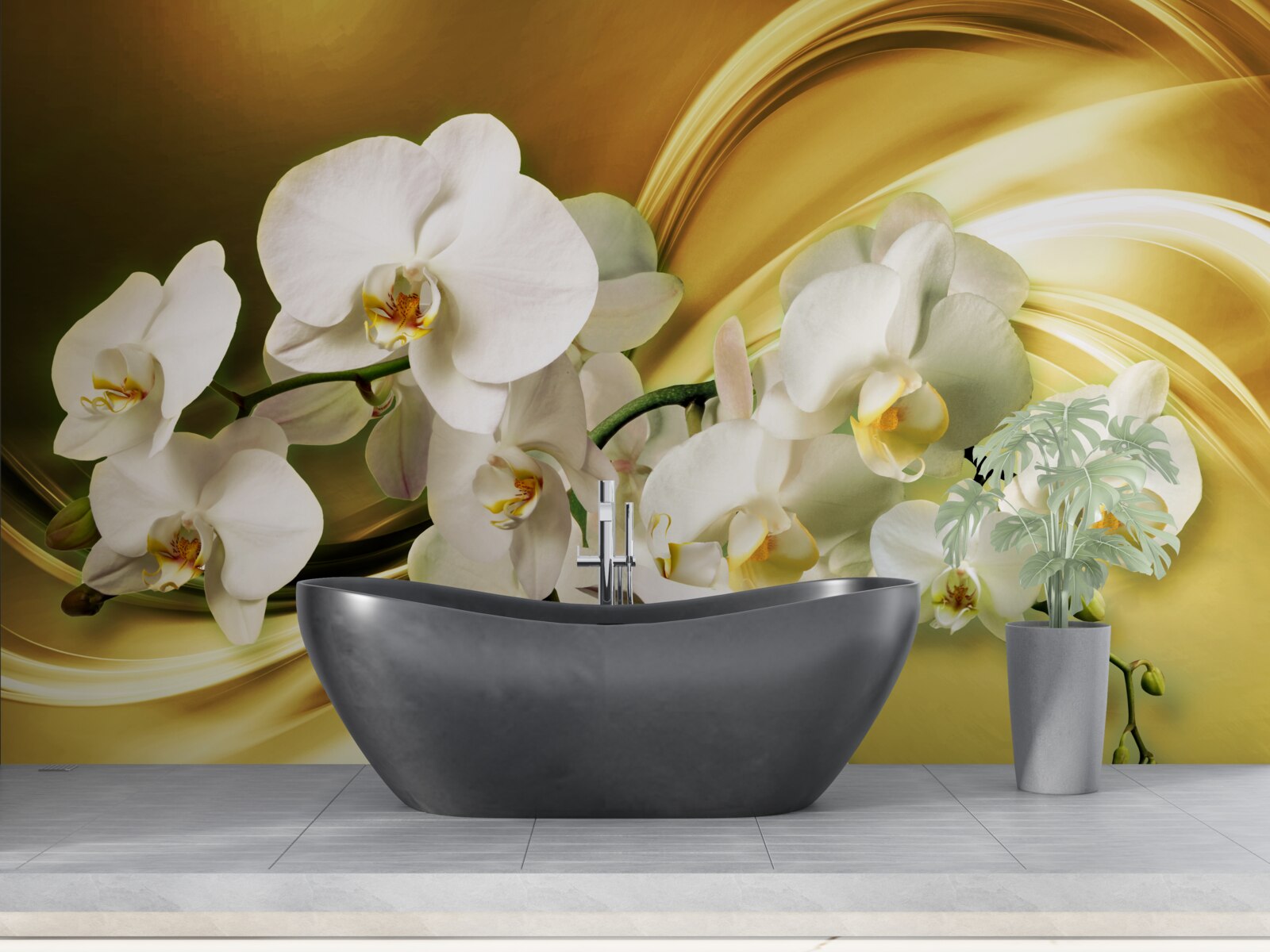 Fototapeta Snehobiele orchidey, luxusne otvorené na hnedej hodvábnej látke