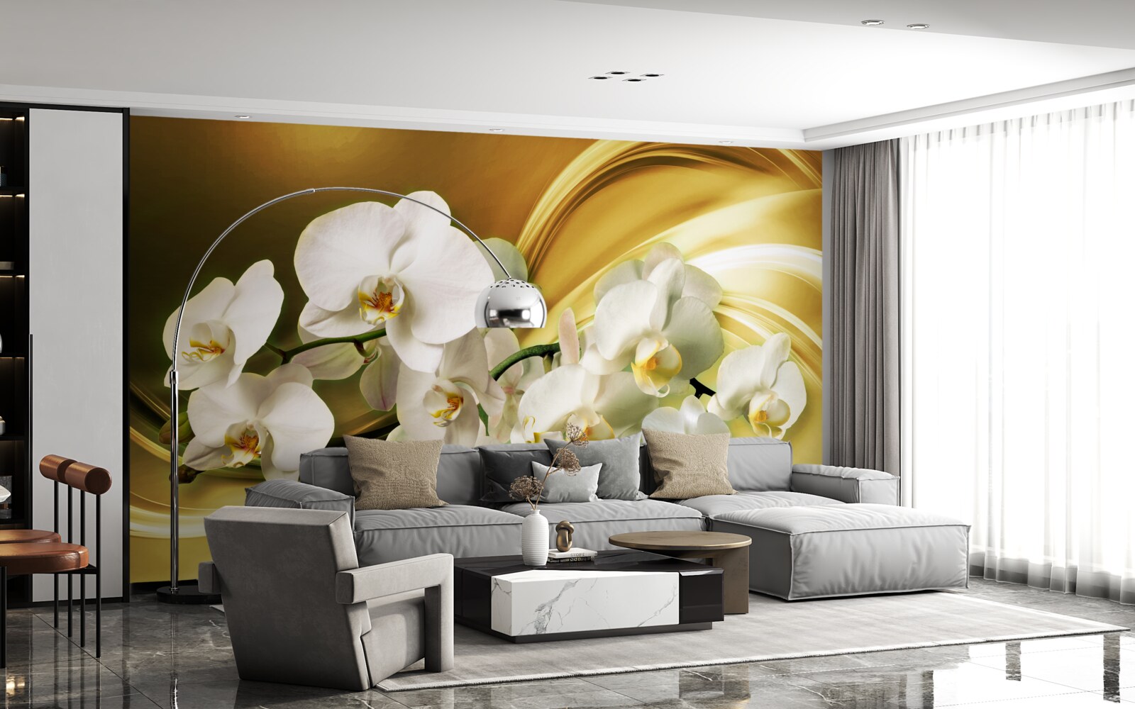 Fototapeta Snehobiele orchidey, luxusne otvorené na hnedej hodvábnej látke