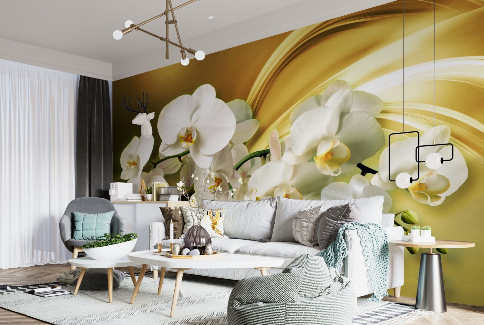 Fototapeta Snehobiele orchidey, luxusne otvorené na hnedej hodvábnej látke