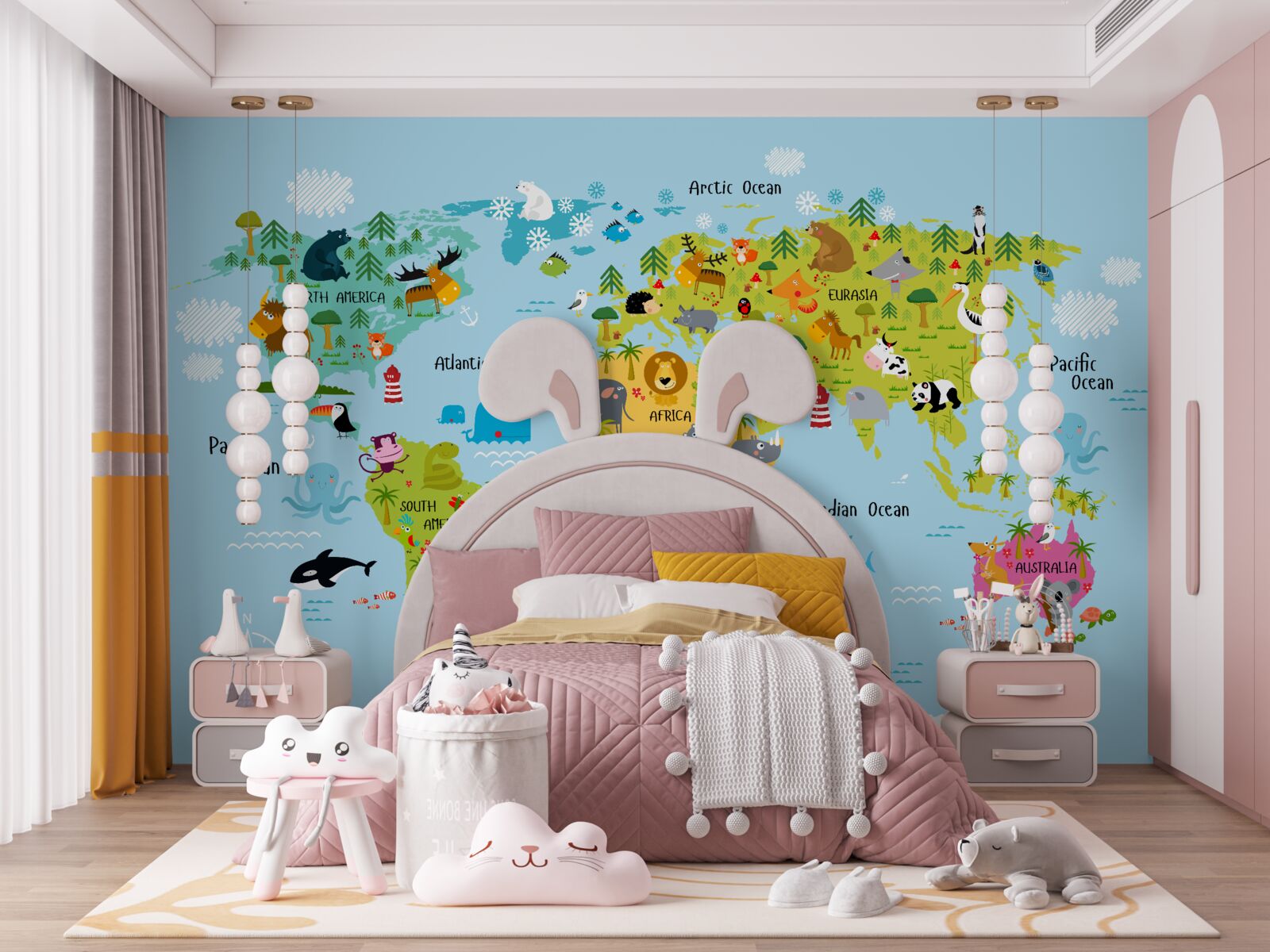 Fototapeta mapa sveta pre deti s obrázkami zvierat