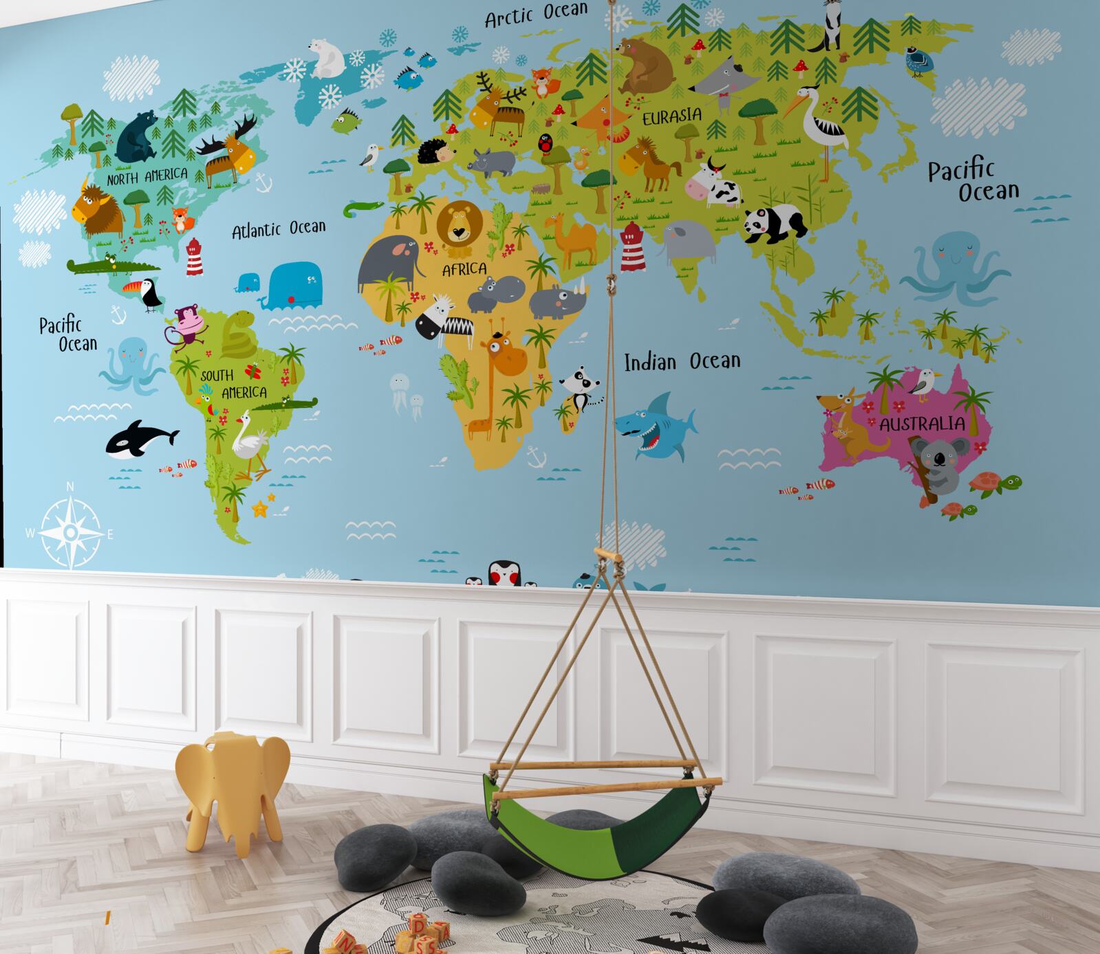 Fototapeta mapa sveta pre deti s obrázkami zvierat