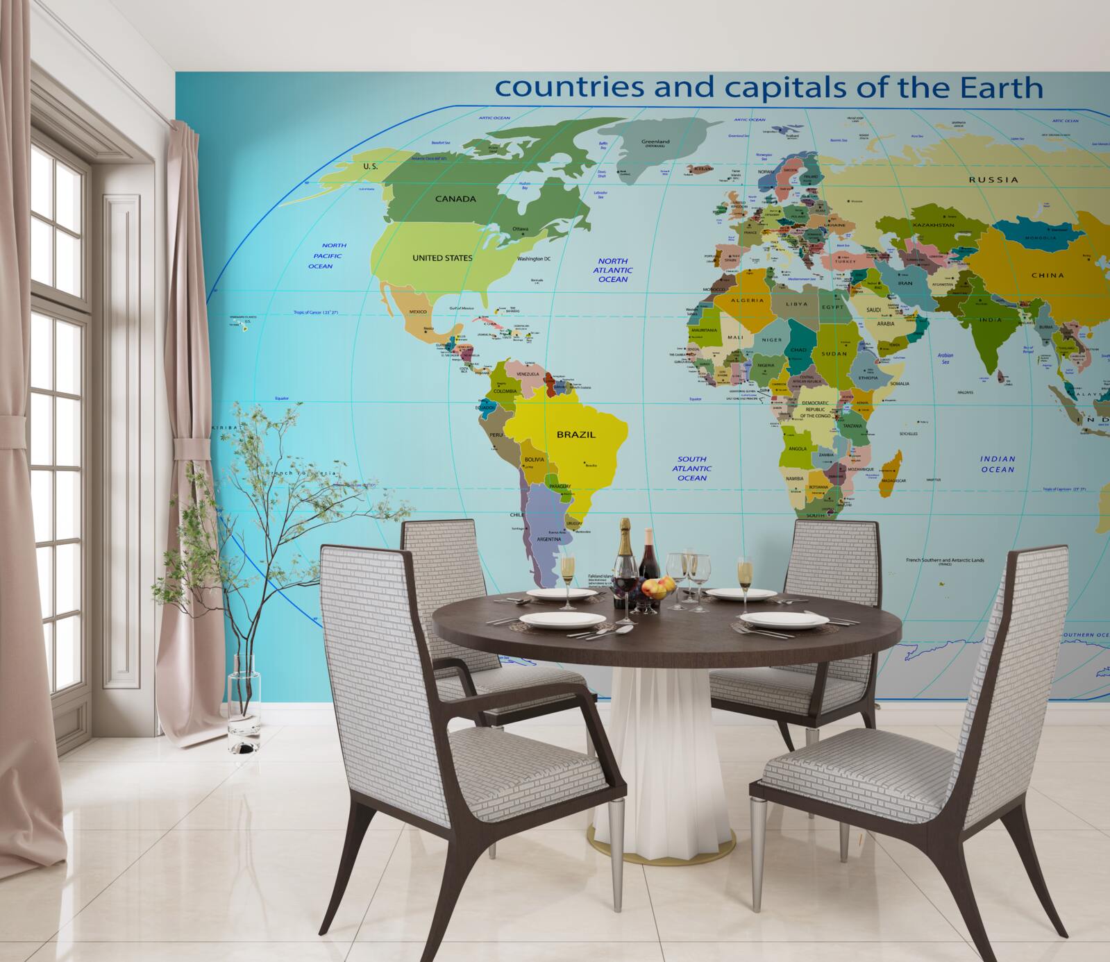 Fototapeta mapa sveta zobrazujúca krajiny a ich hlavné mestá