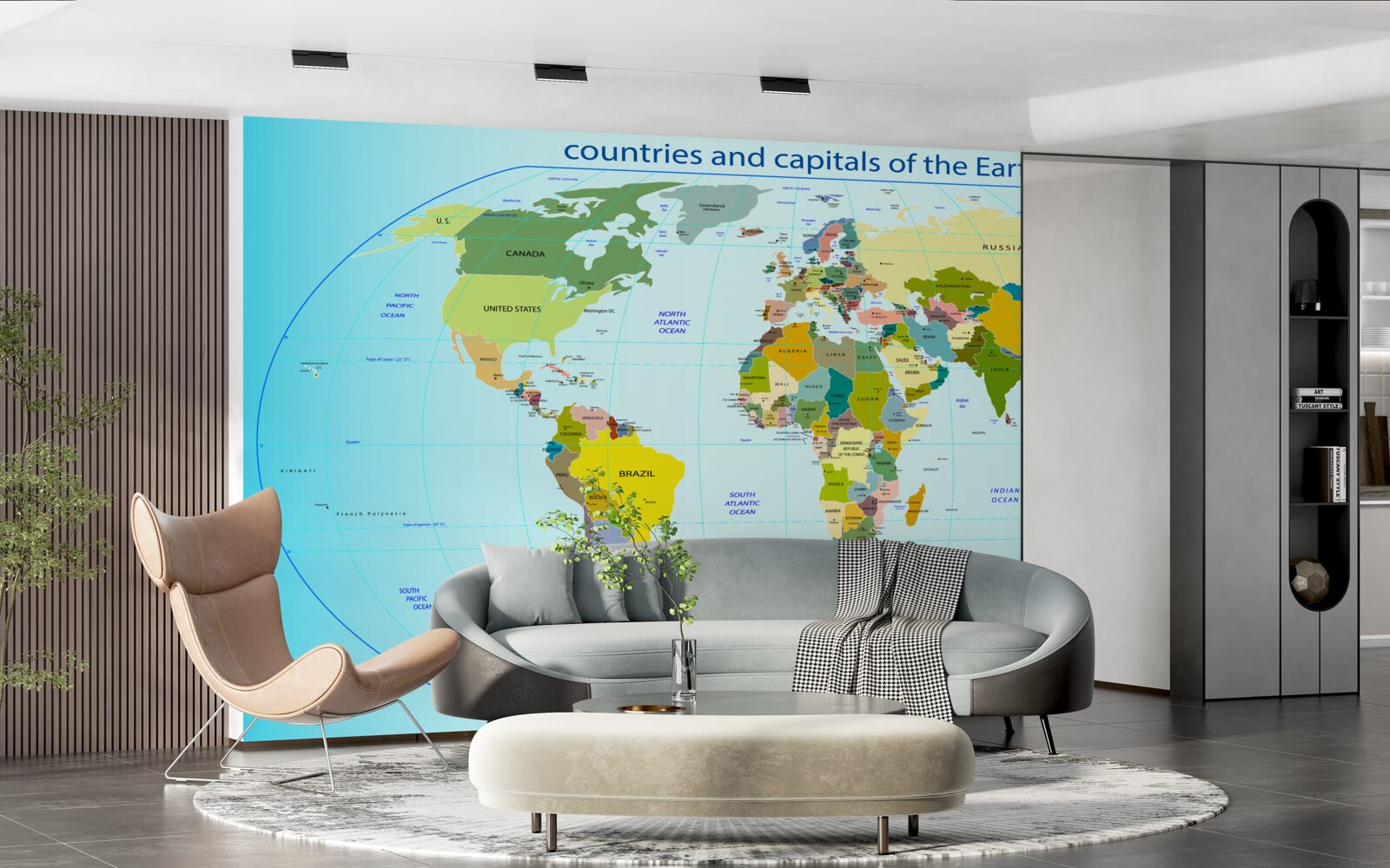 Fototapeta mapa sveta zobrazujúca krajiny a ich hlavné mestá