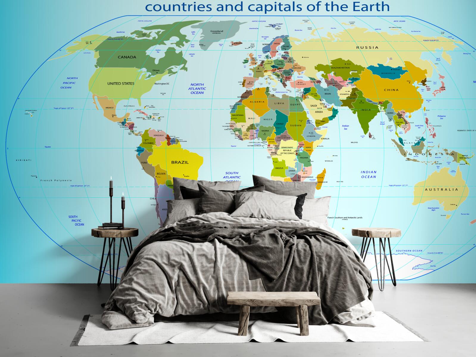 Fototapeta mapa sveta zobrazujúca krajiny a ich hlavné mestá