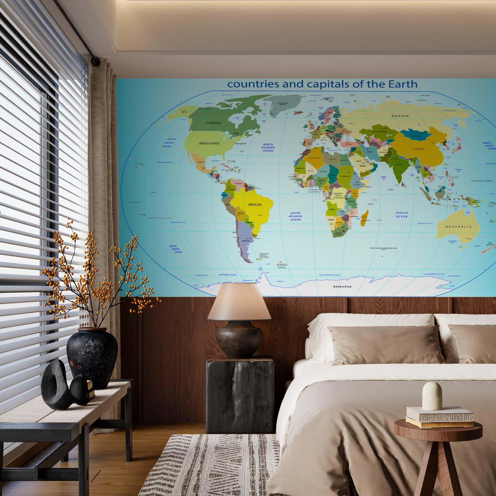 Fototapeta mapa sveta zobrazujúca krajiny a ich hlavné mestá