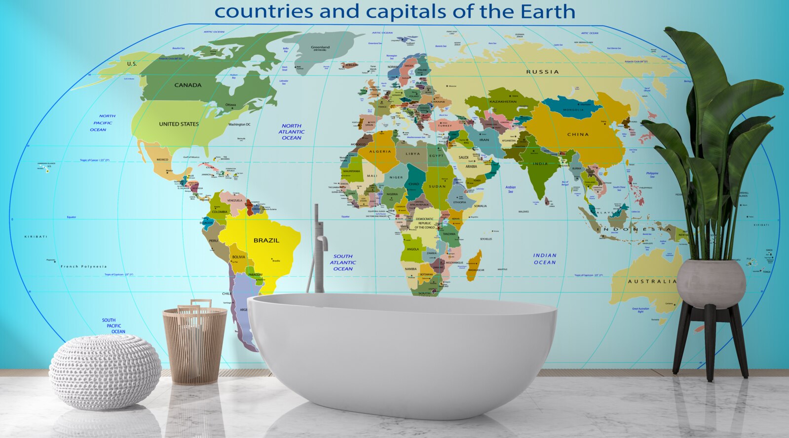 Fototapeta mapa sveta zobrazujúca krajiny a ich hlavné mestá