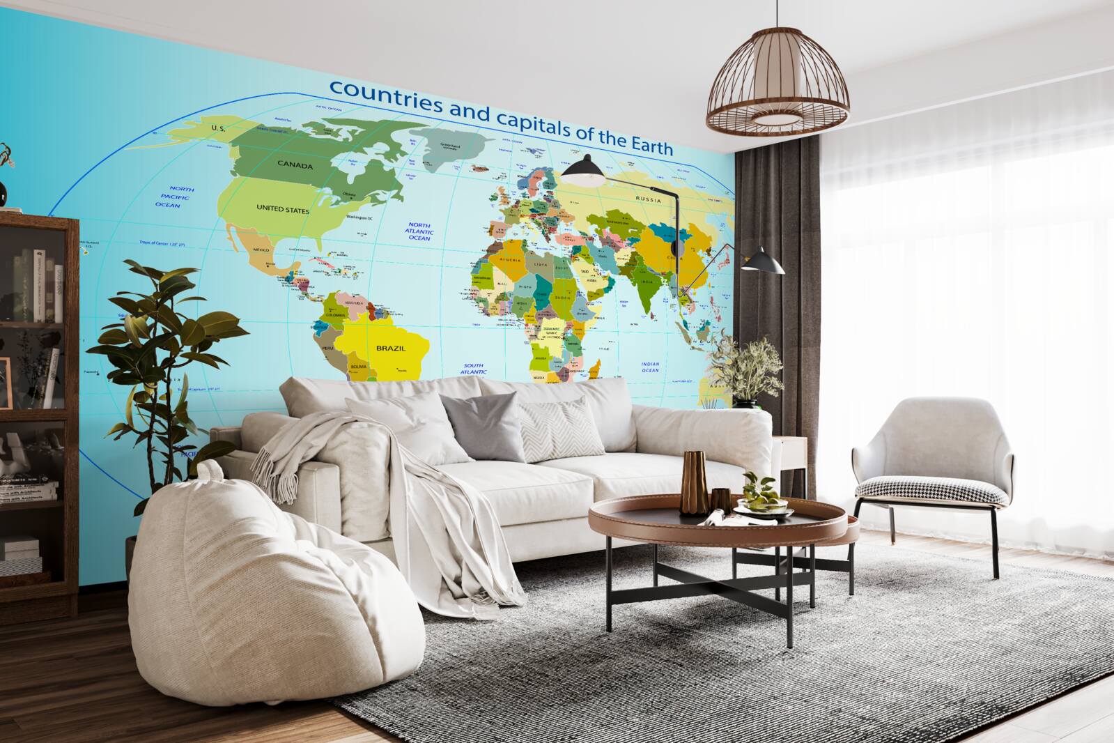 Fototapeta mapa sveta zobrazujúca krajiny a ich hlavné mestá