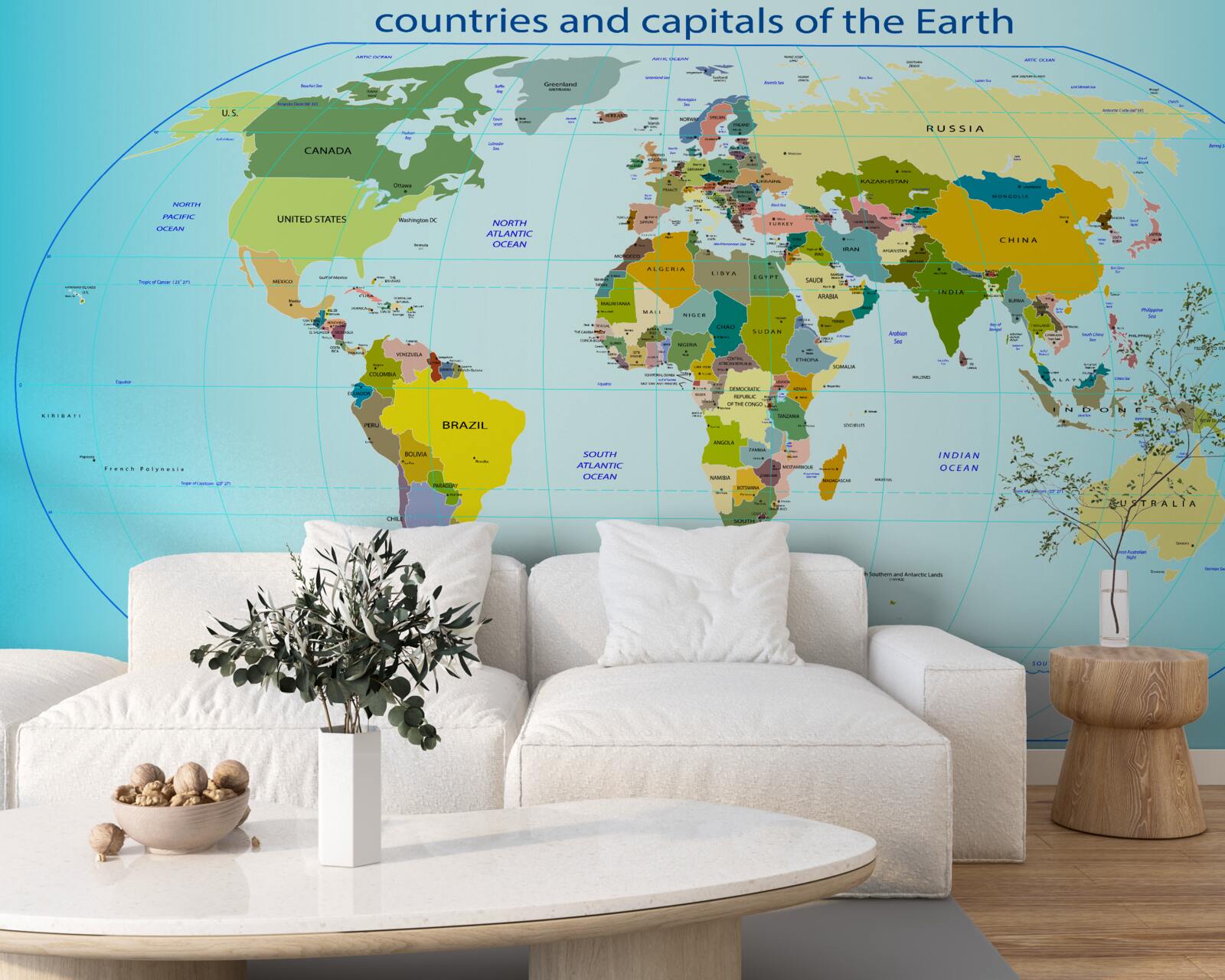 Fototapeta mapa sveta zobrazujúca krajiny a ich hlavné mestá