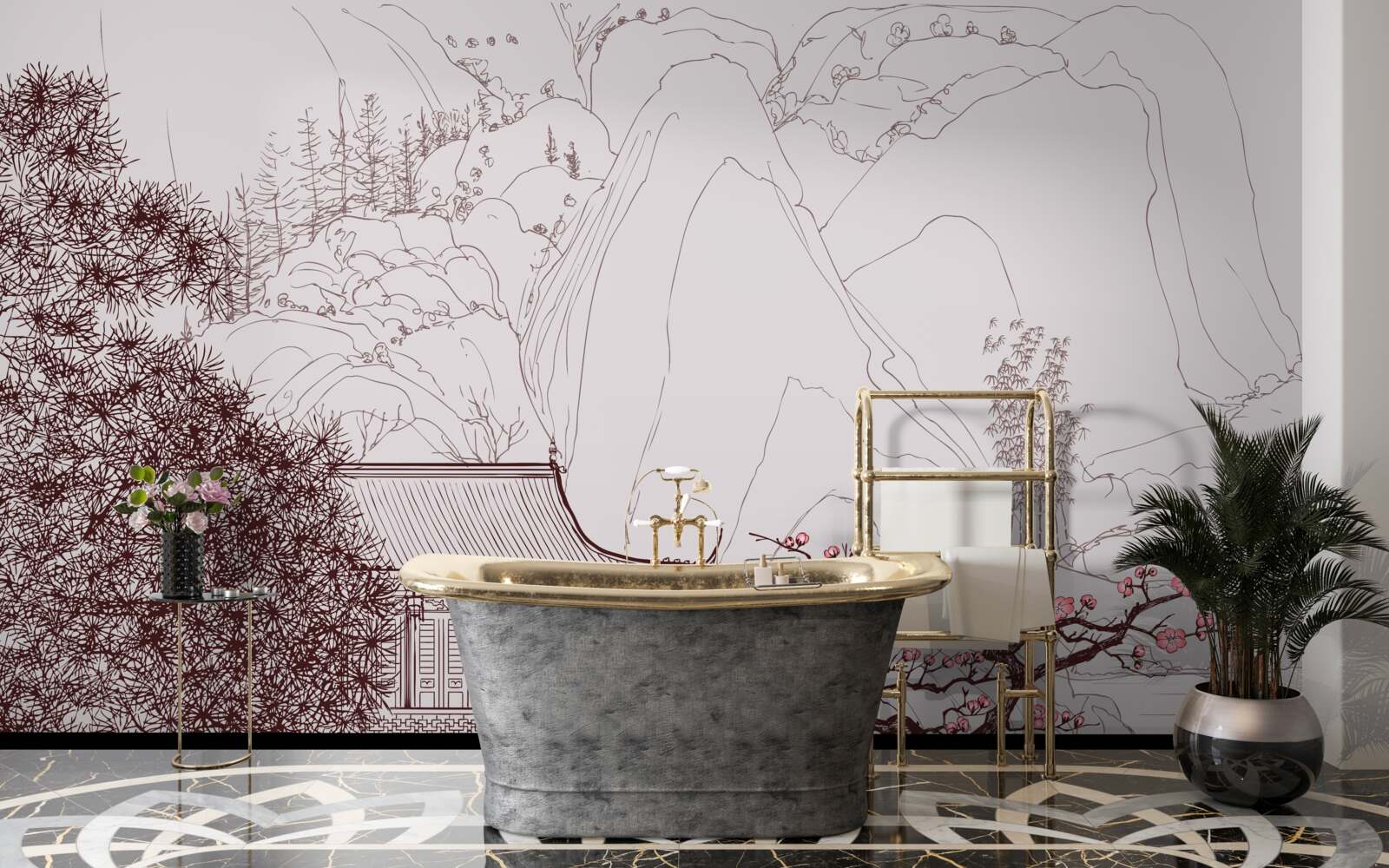 Fototapeta Záhrada v japonskom štýle pri vidieckom dome v horách