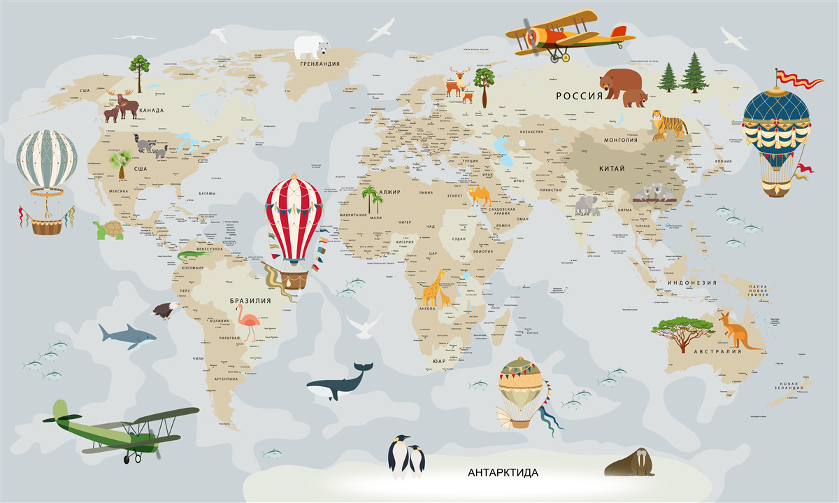 Fototapeta mapa sveta zobrazujúca zvieratá a vozidlá