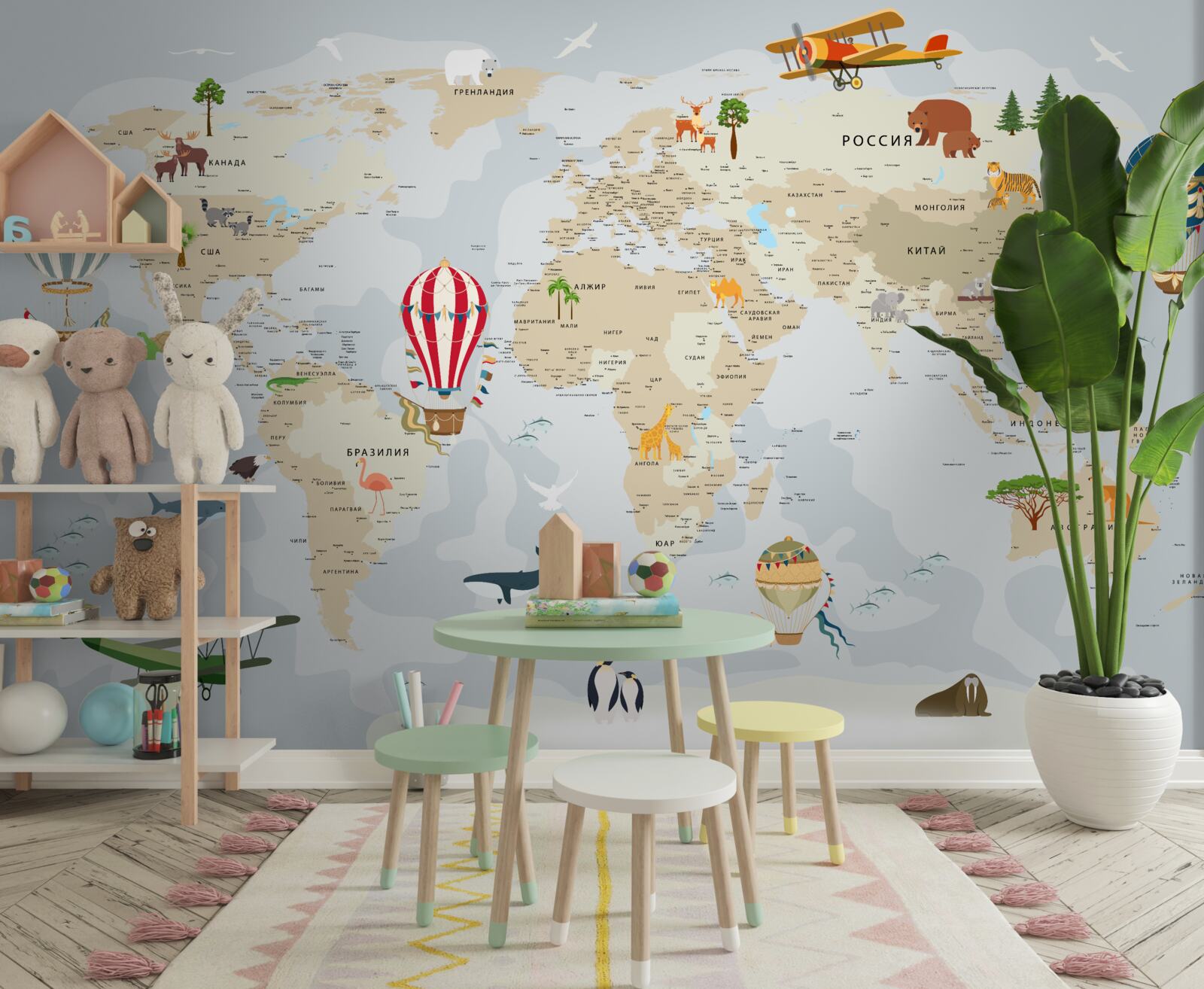 Fototapeta mapa sveta zobrazujúca zvieratá a vozidlá