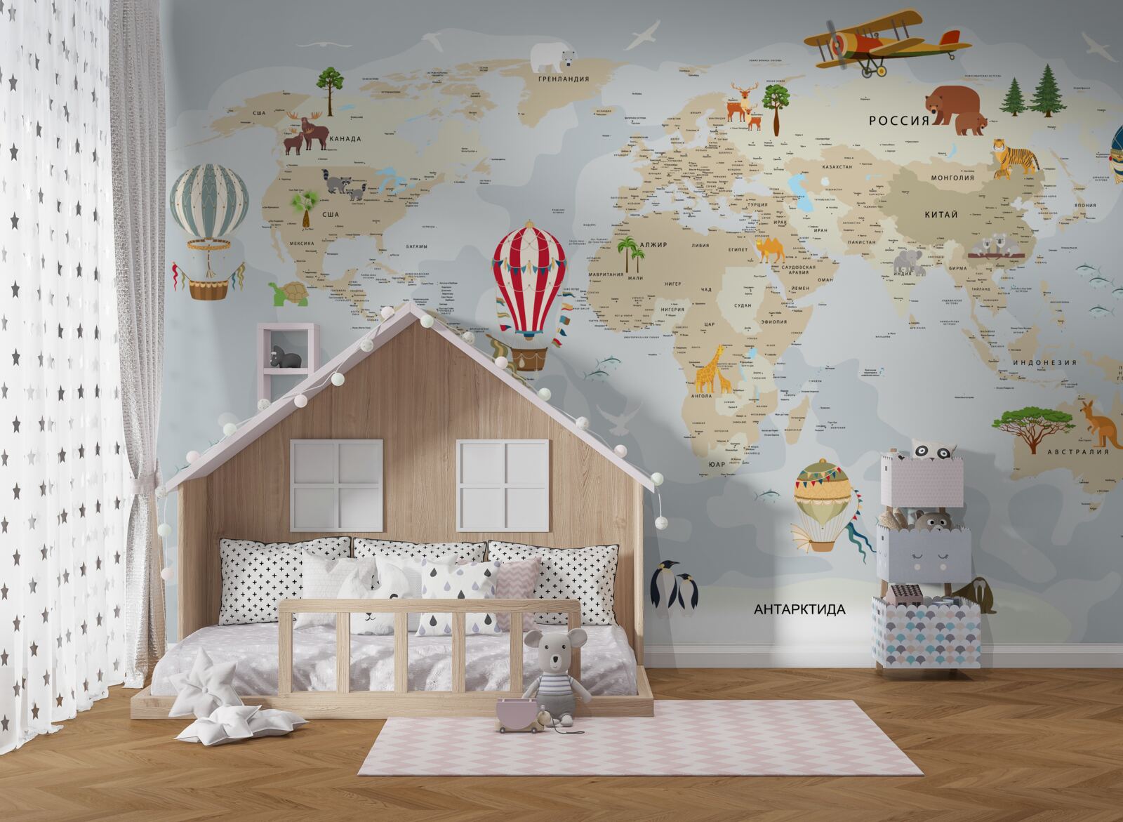 Fototapeta mapa sveta zobrazujúca zvieratá a vozidlá