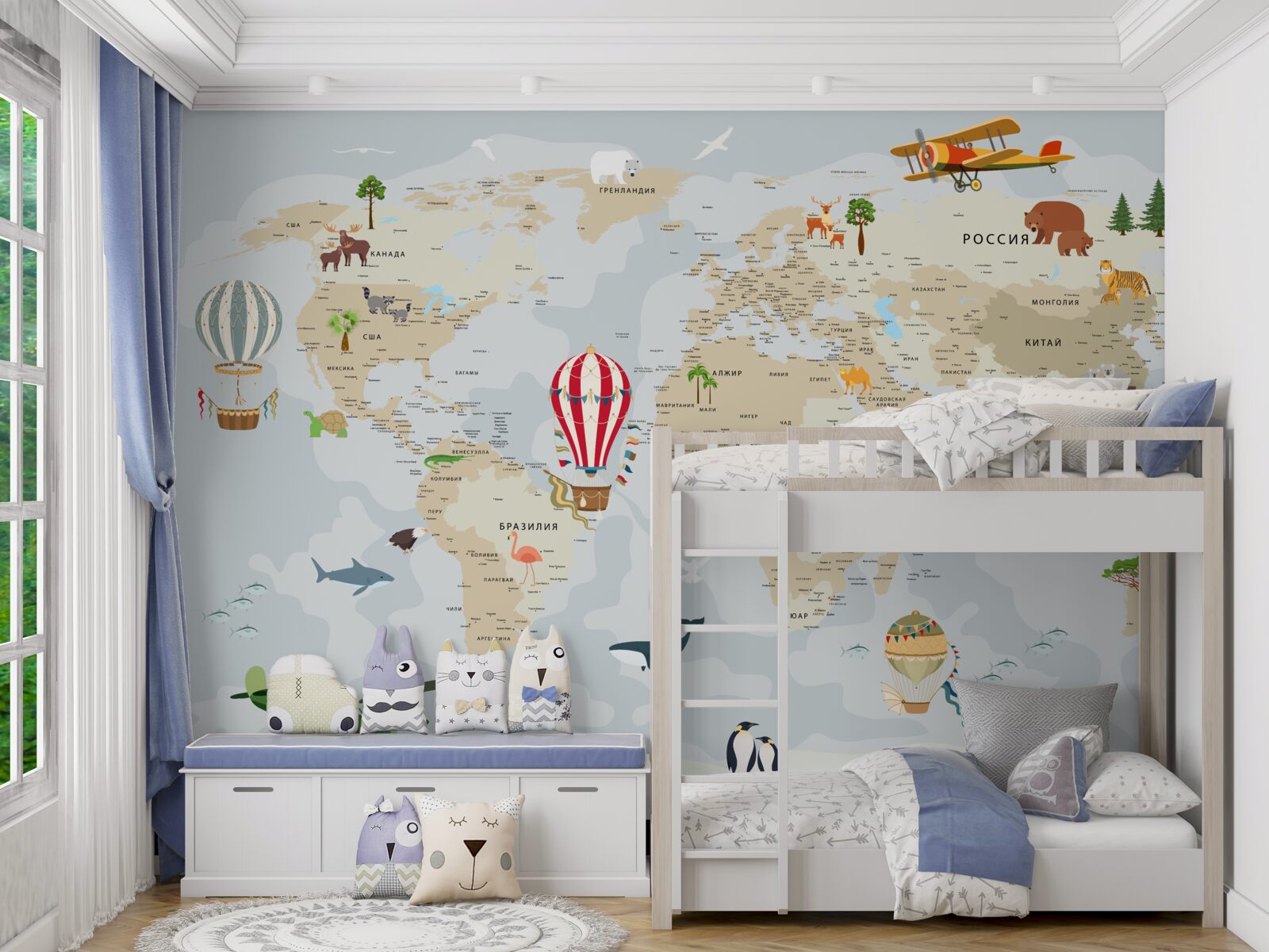 Fototapeta mapa sveta zobrazujúca zvieratá a vozidlá