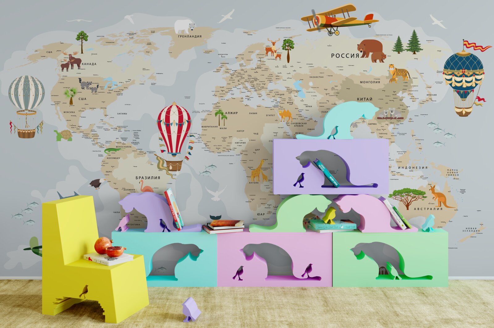 Fototapeta mapa sveta zobrazujúca zvieratá a vozidlá