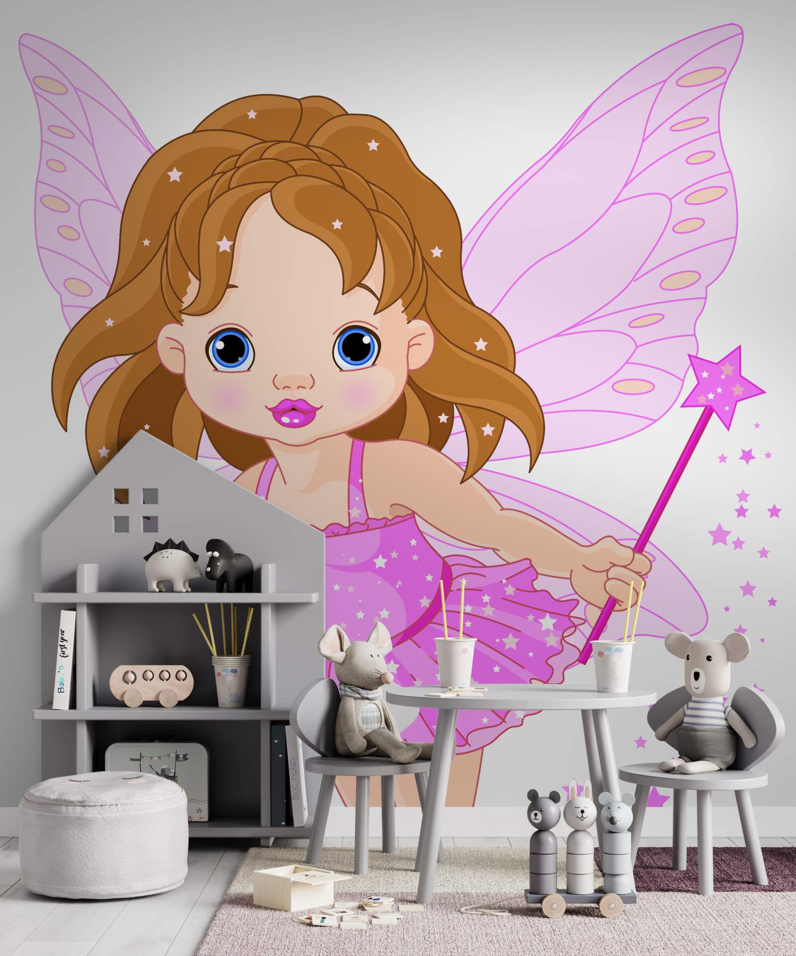 Fototapeta dievča s červenými vlasmi a ružovými krídlami