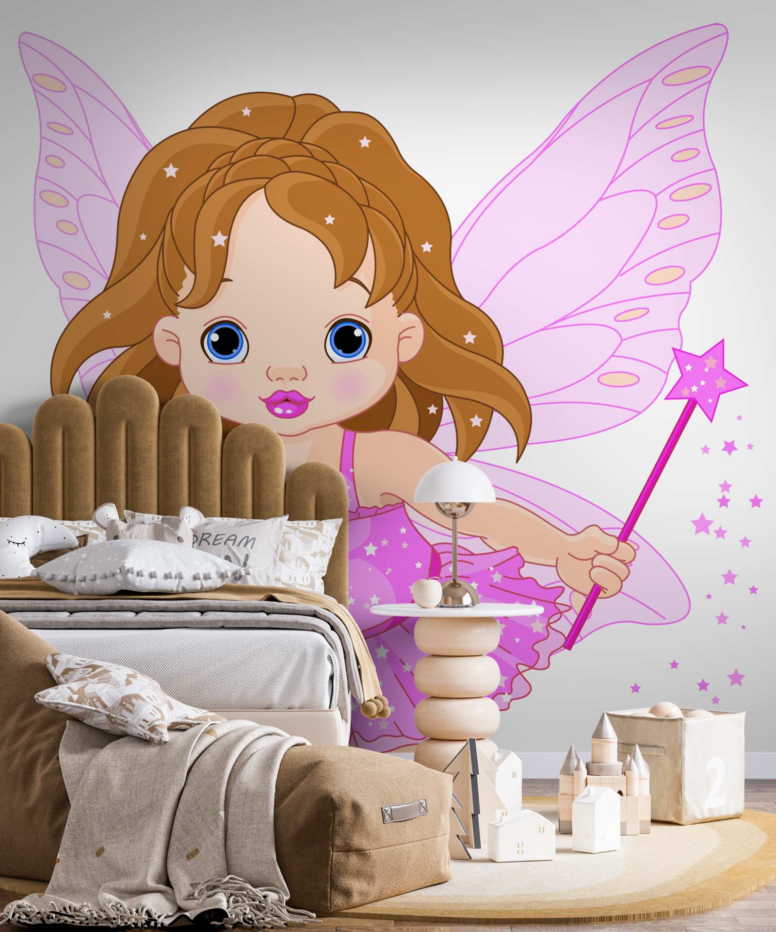 Fototapeta dievča s červenými vlasmi a ružovými krídlami