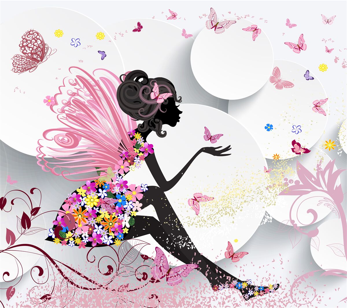 Fototapeta dievča s krídlami, zdobené kvetmi a motýľmi