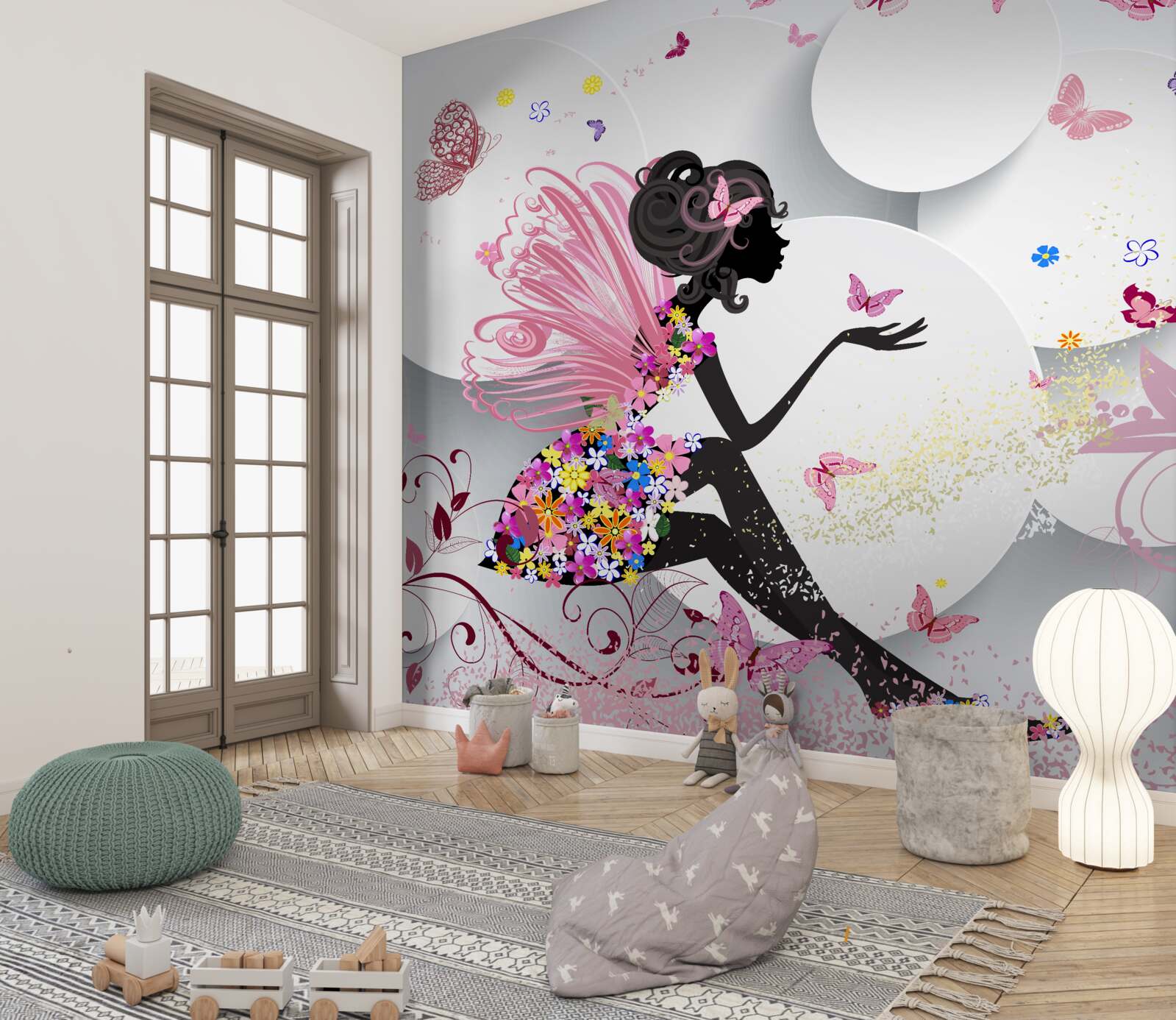 Fototapeta dievča s krídlami, zdobené kvetmi a motýľmi