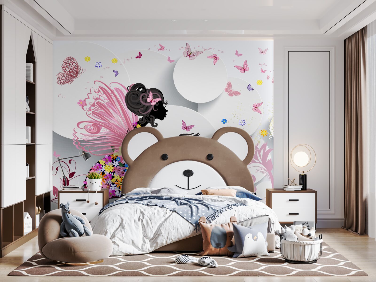 Fototapeta dievča s krídlami, zdobené kvetmi a motýľmi