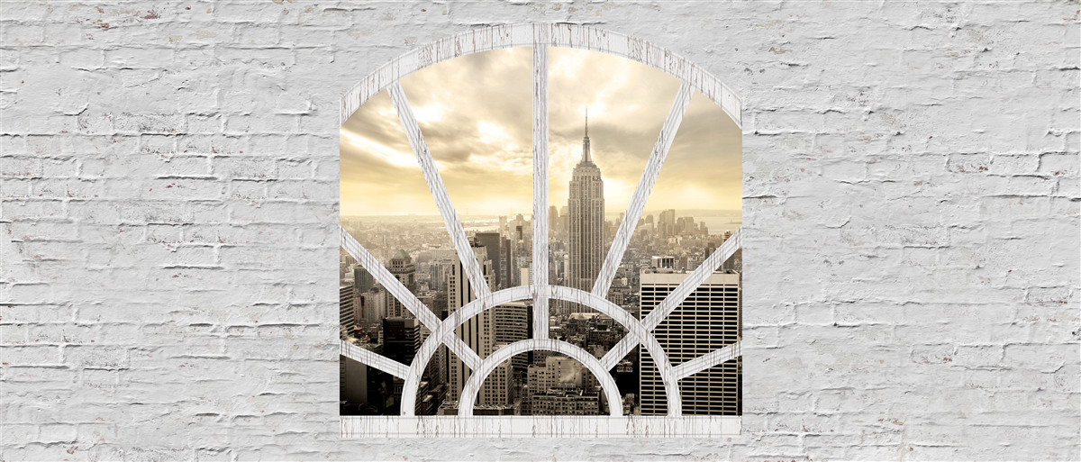 Fototapeta panoramatické okno v tehlovej stene s výhľadom na New York