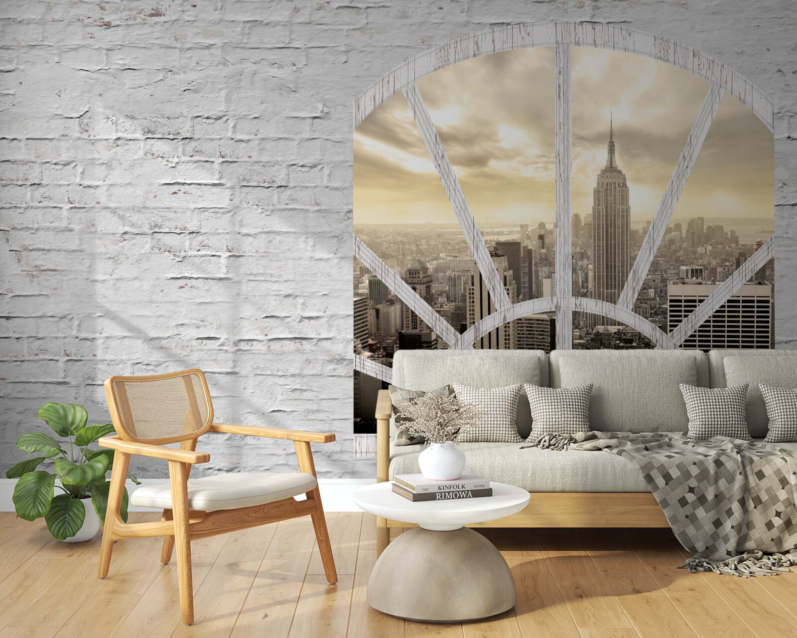 Fototapeta panoramatické okno v tehlovej stene s výhľadom na New York