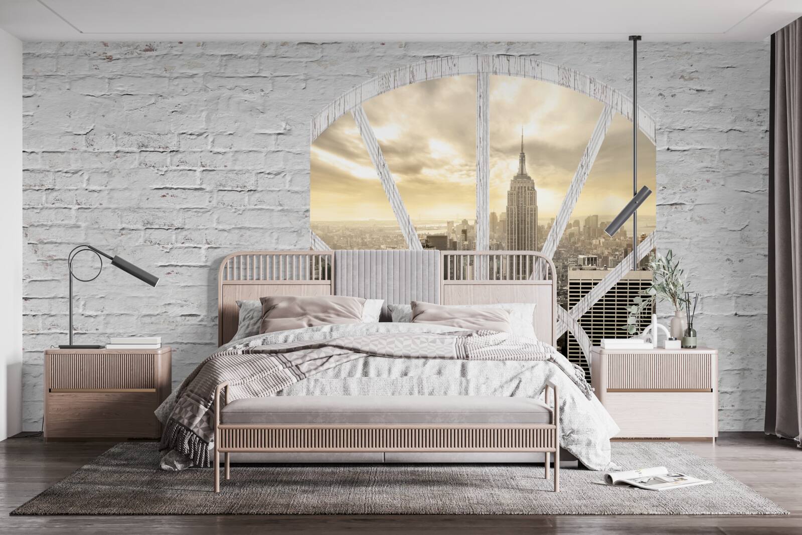 Fototapeta panoramatické okno v tehlovej stene s výhľadom na New York