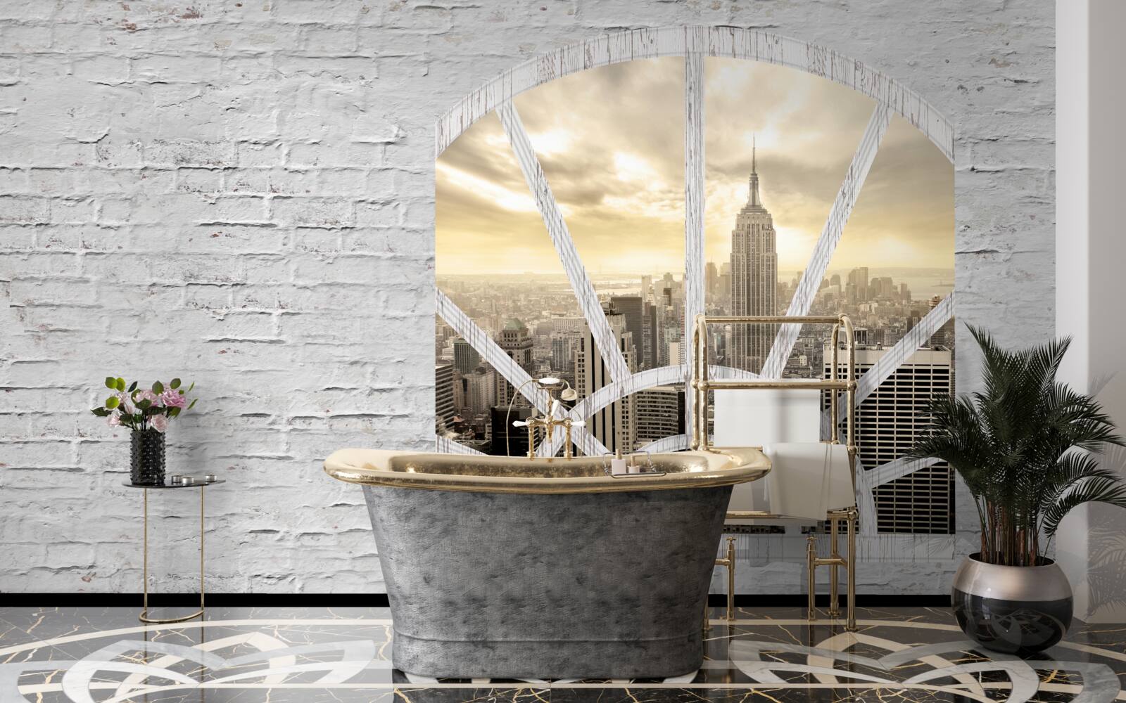 Fototapeta panoramatické okno v tehlovej stene s výhľadom na New York